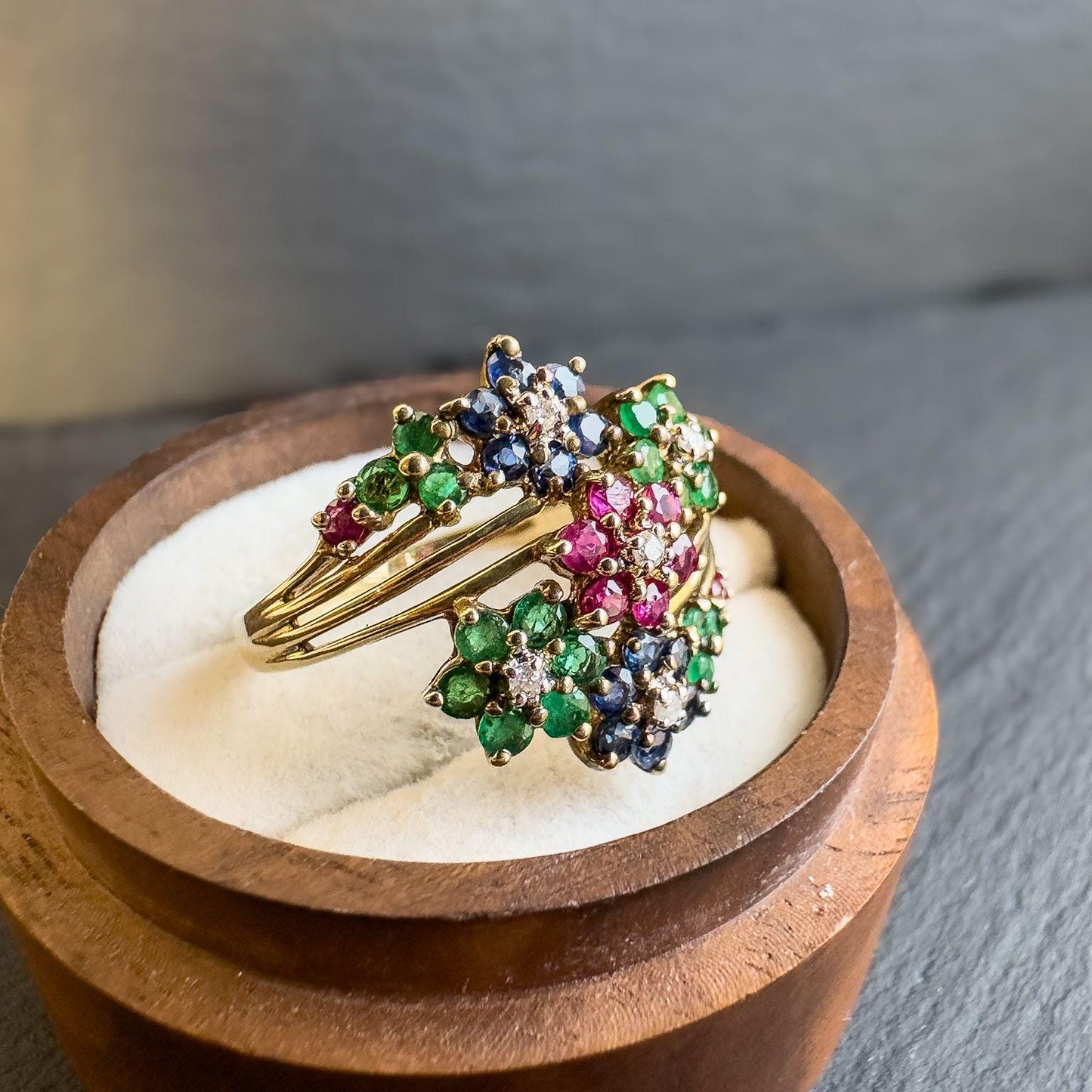 Stunning Vintage 9ct Gold Ruby, Emerald, Sapphire & Diamond Floral Cluster Ring | UK T - US 9.5 | Resizable | English Hallmarks