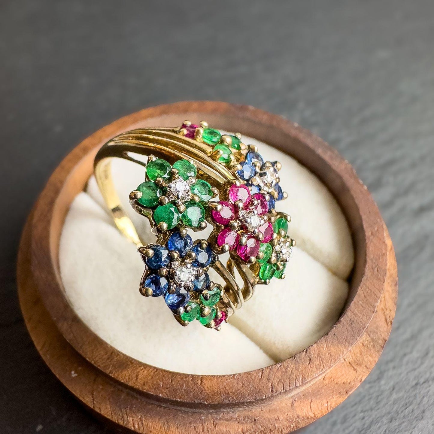 Stunning Vintage 9ct Gold Ruby, Emerald, Sapphire & Diamond Floral Cluster Ring | UK T - US 9.5 | Resizable | English Hallmarks