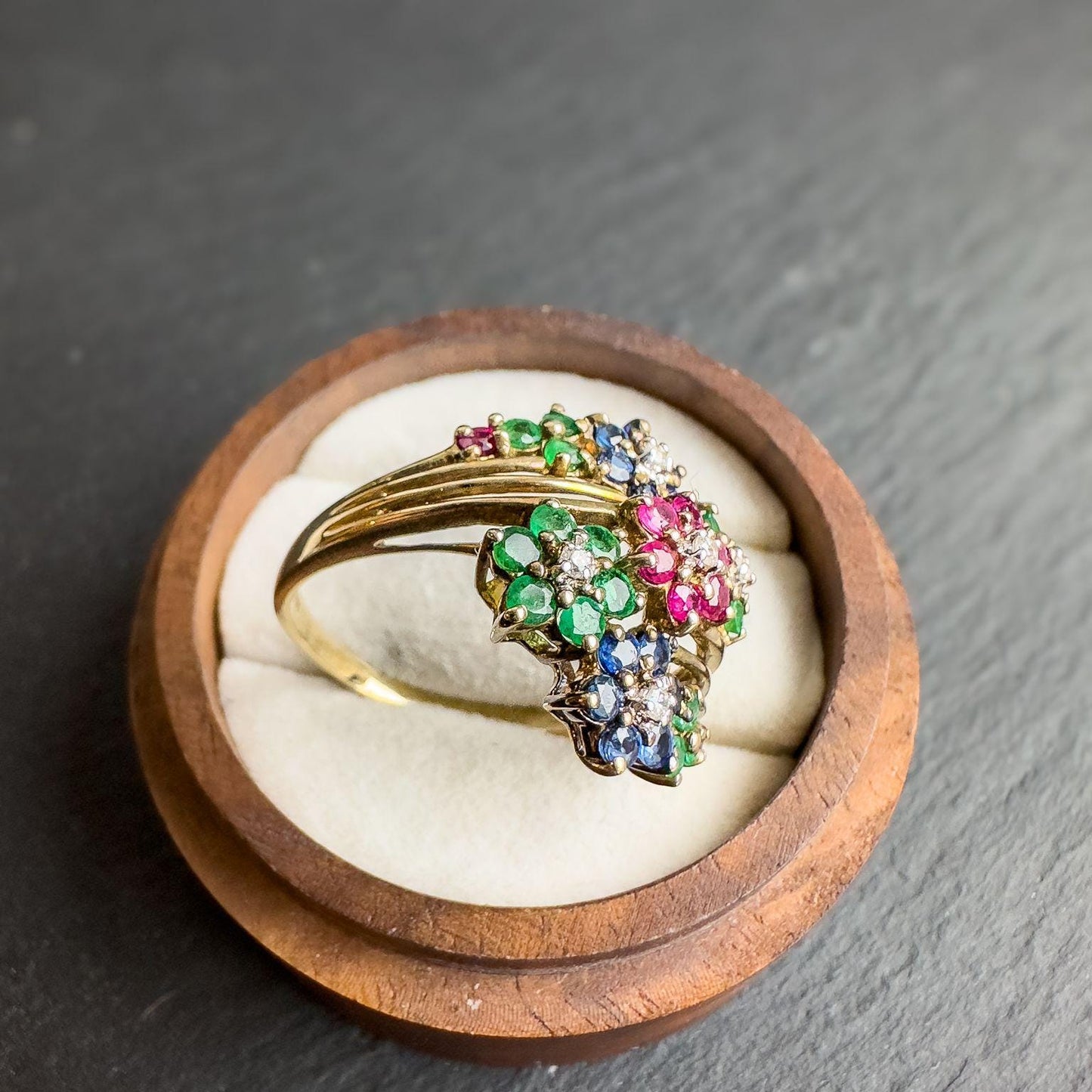 Stunning Vintage 9ct Gold Ruby, Emerald, Sapphire & Diamond Floral Cluster Ring | UK T - US 9.5 | Resizable | English Hallmarks