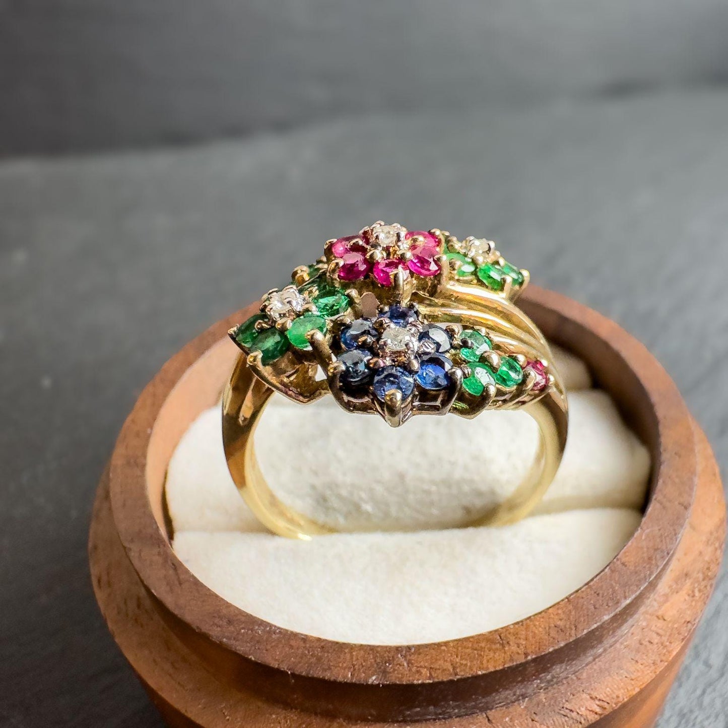 Stunning Vintage 9ct Gold Ruby, Emerald, Sapphire & Diamond Floral Cluster Ring | UK T - US 9.5 | Resizable | English Hallmarks