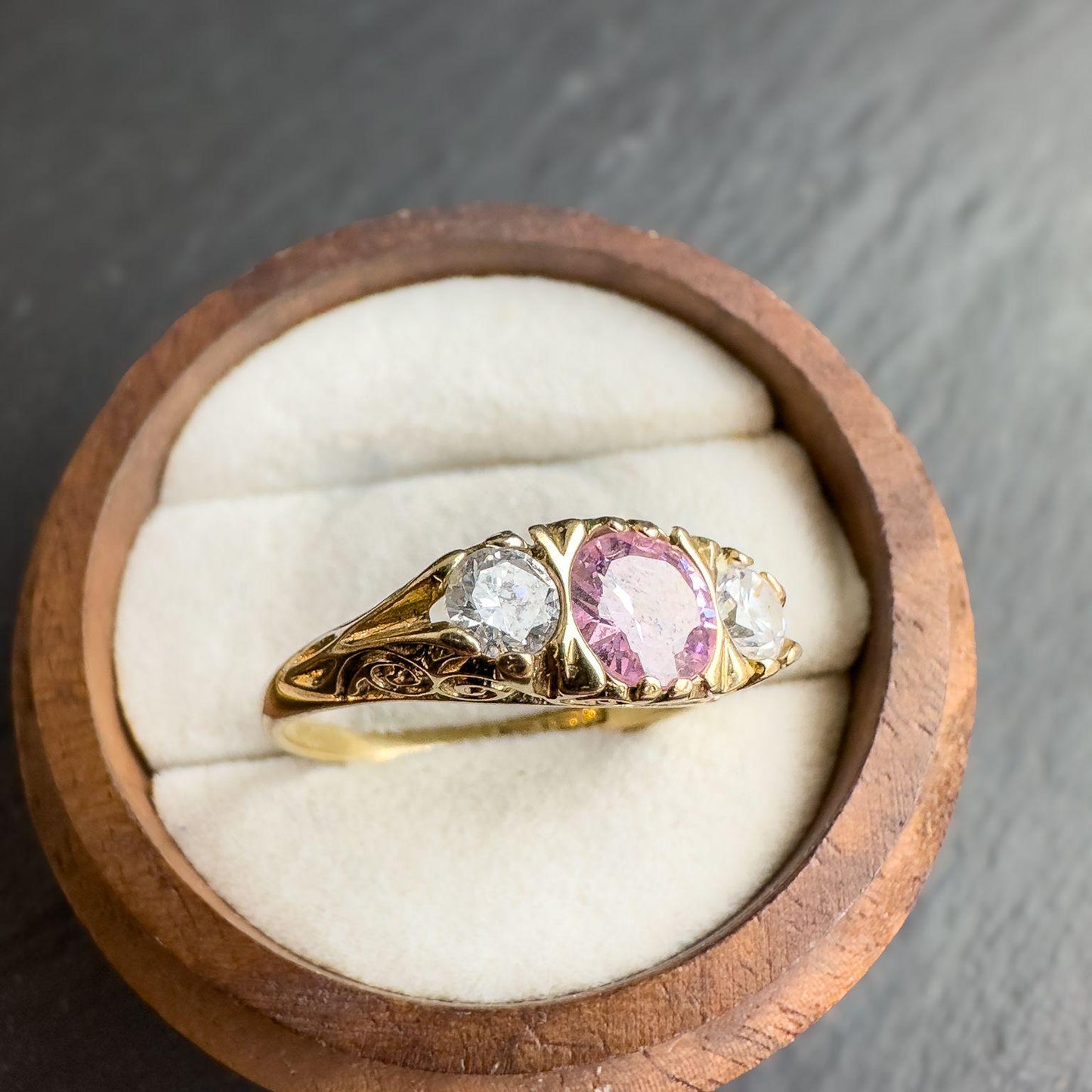 Vintage 9ct Gold Pink & White Zirconia Trilogy Ring | Elegant Vintage Jewelry | UK P | Resizable | English Hallmarked |