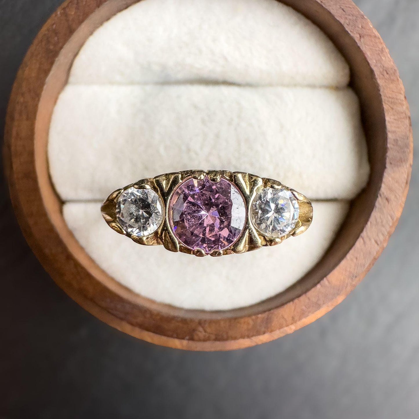 Vintage 9ct Gold Pink & White Zirconia Trilogy Ring | Elegant Vintage Jewelry | UK P | Resizable | English Hallmarked |