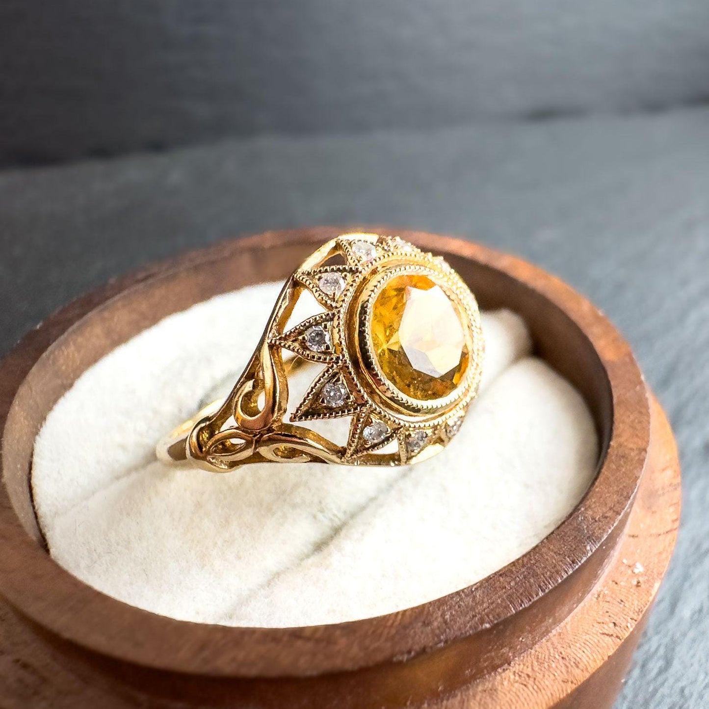 Exquisite 9ct Gold Citrine and Diamond Cocktail Ring Sun Burst Design Vintage Statement Ring | Hallmarked | UK P 1/2 -US 8 | Resizable