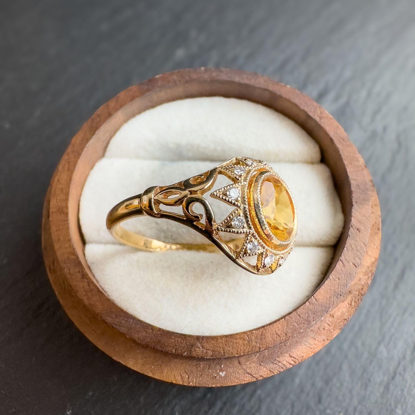 Exquisite 9ct Gold Citrine and Diamond Cocktail Ring Sun Burst Design Vintage Statement Ring | Hallmarked | UK P 1/2 -US 8 | Resizable