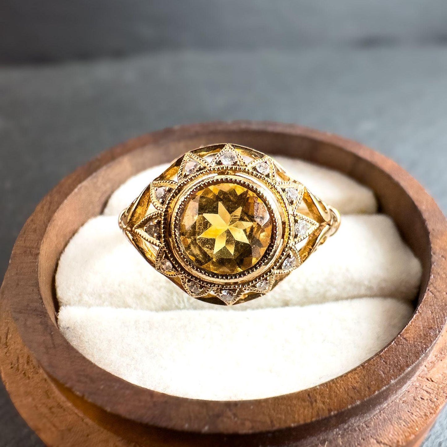 Exquisite 9ct Gold Citrine and Diamond Cocktail Ring Sun Burst Design Vintage Statement Ring | Hallmarked | UK P 1/2 -US 8 | Resizable