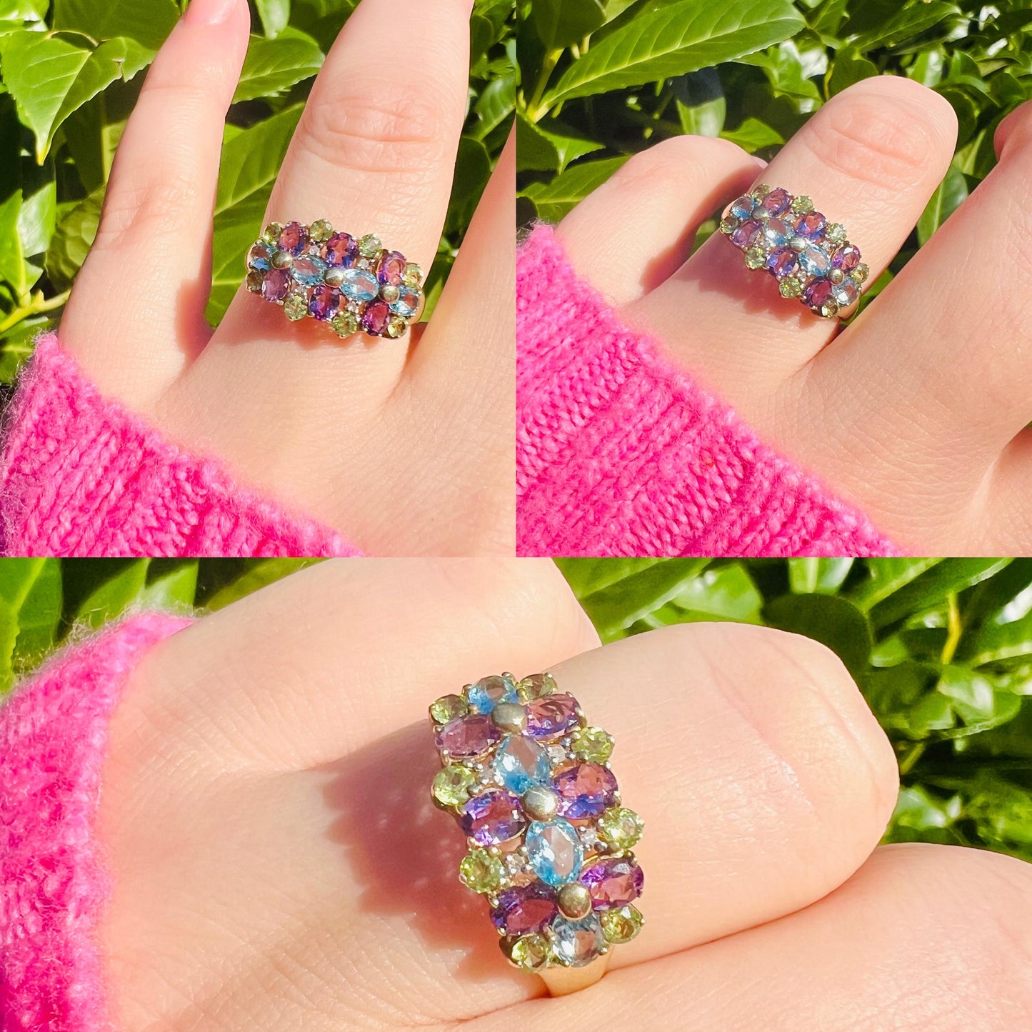 Vintage 9ct Gold Multi Stone Cluster Ring | Amethyst, Peridot, Topaz Gemstone Ring | UK T - US 9.5 | Resizable |