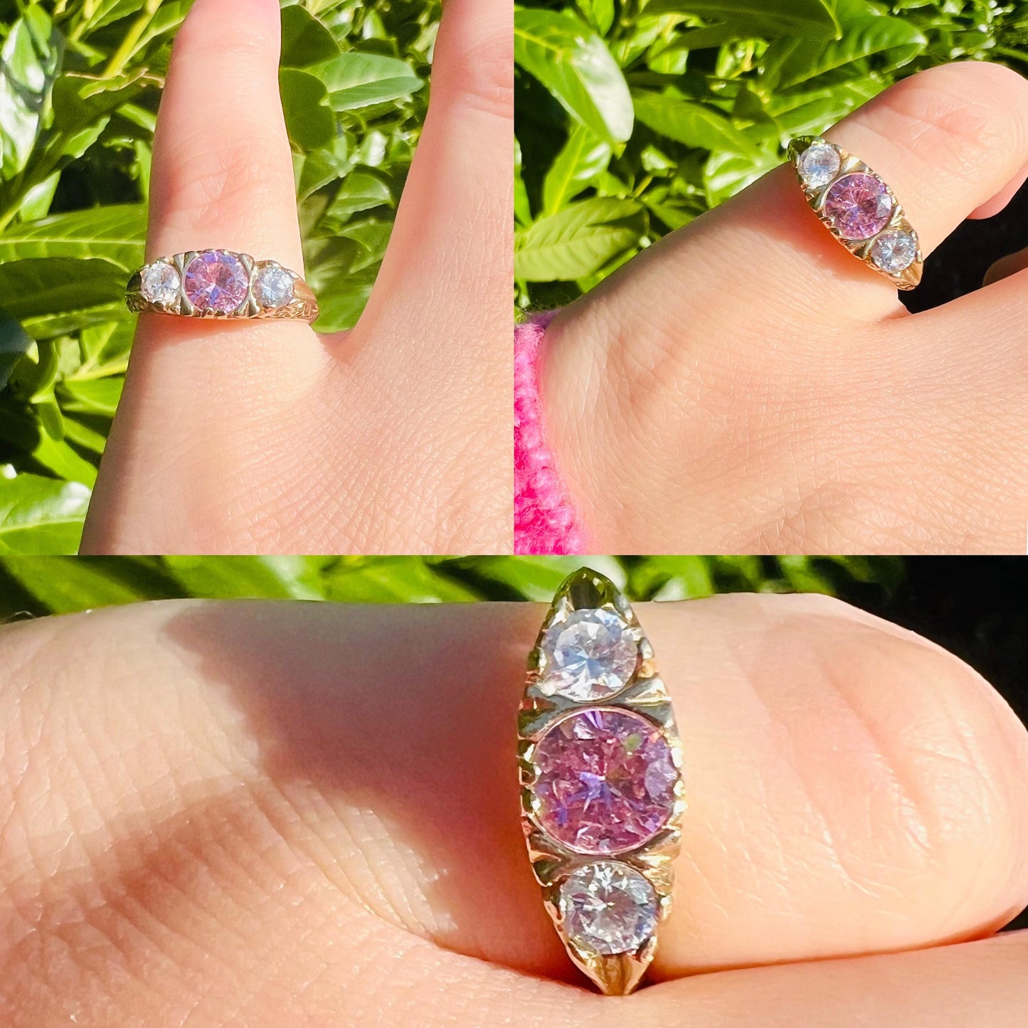 Vintage 9ct Gold Pink & White Zirconia Trilogy Ring | Elegant Vintage Jewelry | UK P | Resizable | English Hallmarked |