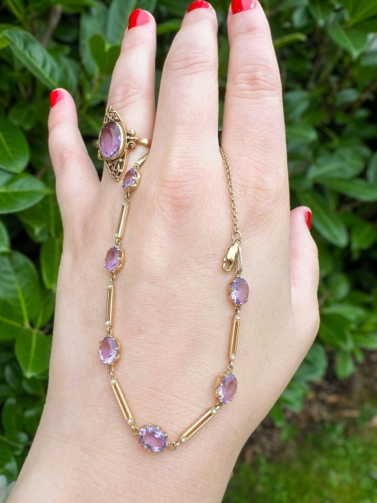 Vintage 9ct Gold Amethyst & Seed Pearl Bracelet Elegant Victorian Style Purple Gemstone Jewelry | English Hallmarks | 19cm - 7.5 Inch