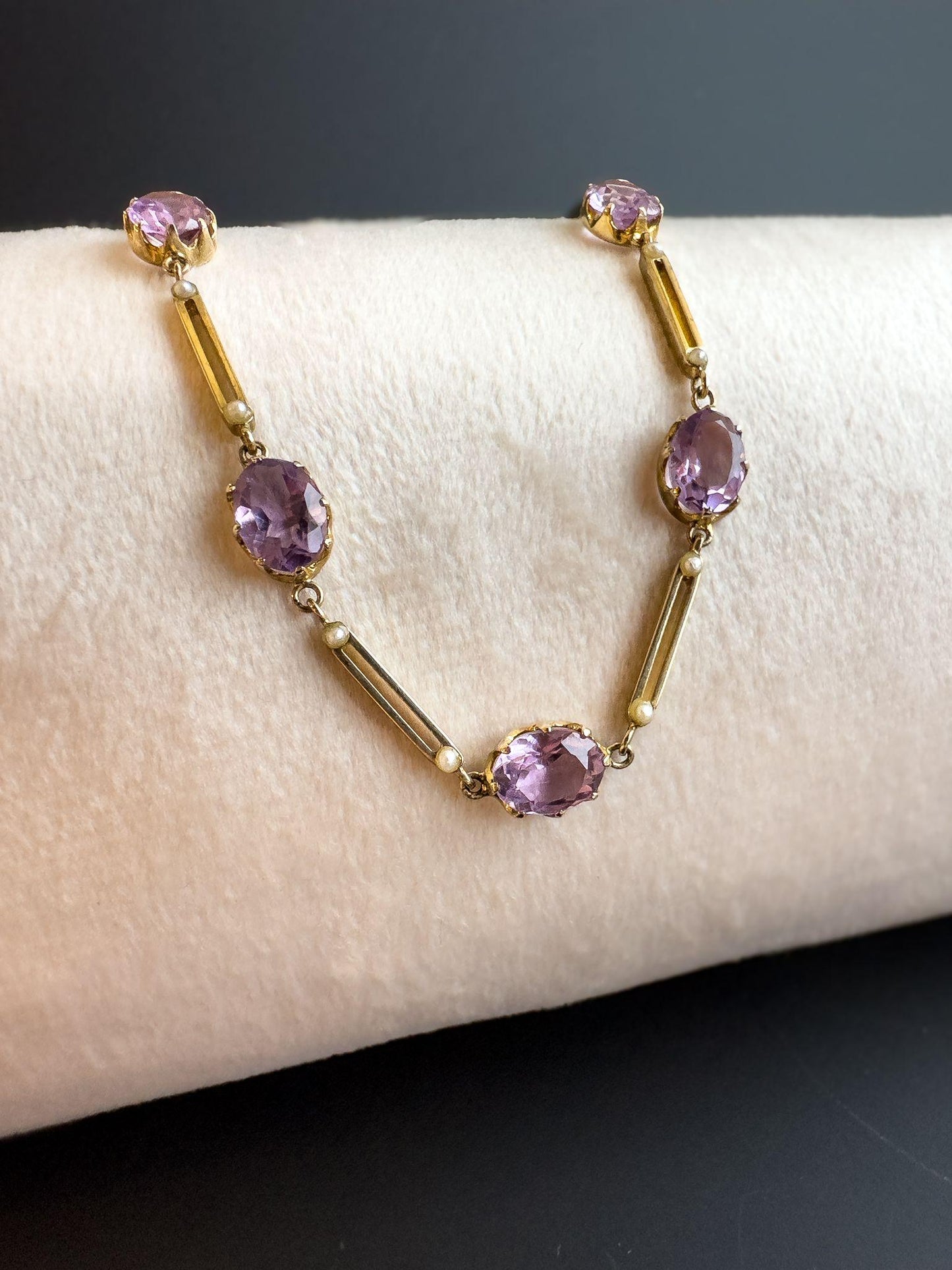 Vintage 9ct Gold Amethyst & Seed Pearl Bracelet Elegant Victorian Style Purple Gemstone Jewelry | English Hallmarks | 19cm - 7.5 Inch
