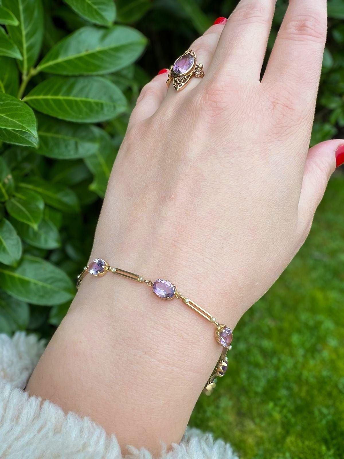 Vintage 9ct Gold Amethyst & Seed Pearl Bracelet Elegant Victorian Style Purple Gemstone Jewelry | English Hallmarks | 19cm - 7.5 Inch