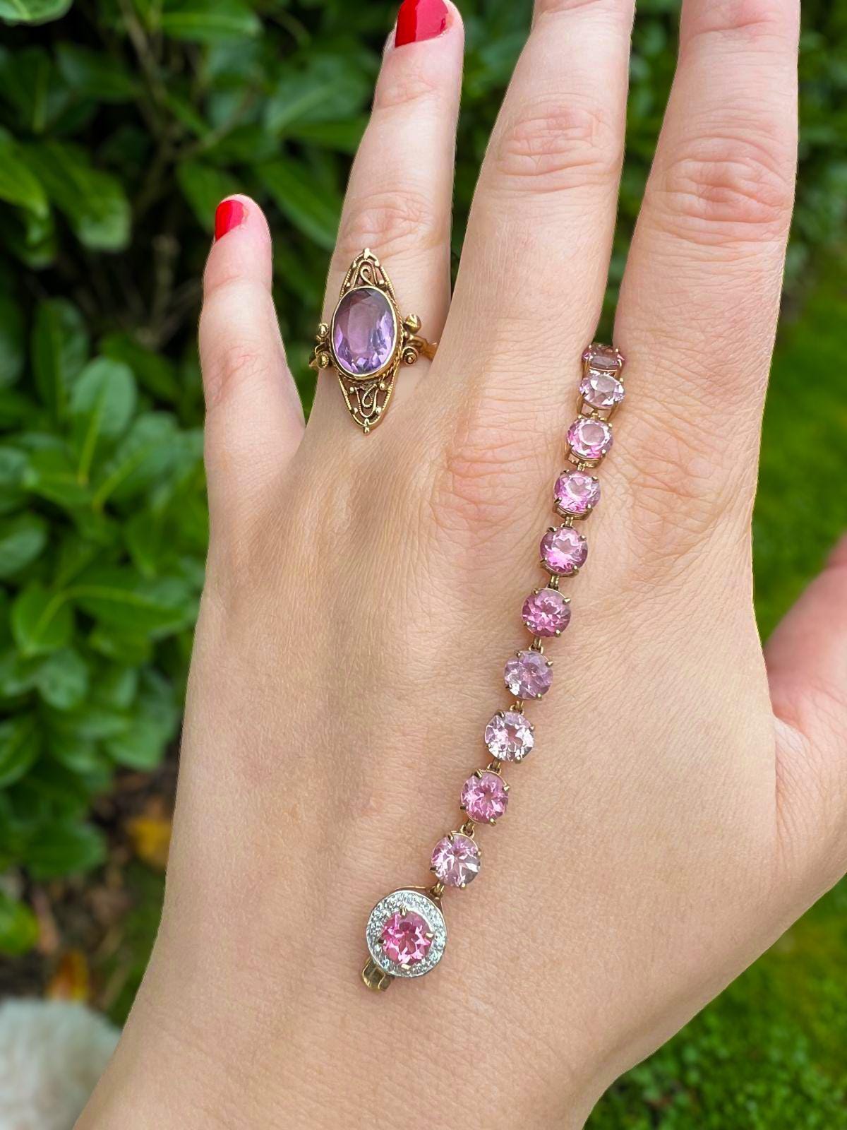 Sparkling 9ct Gold Pink Zirconia Bracelet Elegant Vintage Tennis Bracelet | English Hallmarks | 20cm - 8 Inch |