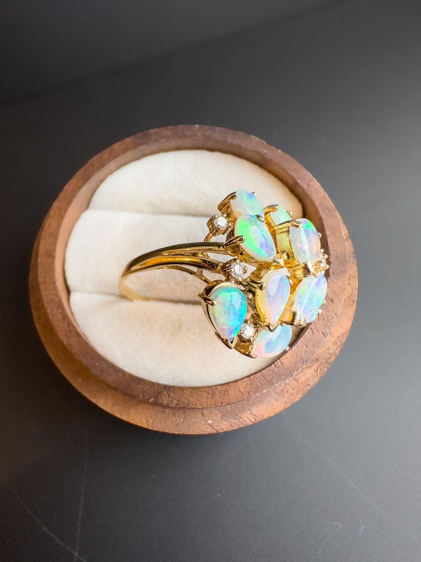 Exquisite 9ct Gold Opal & Diamond Cluster Ring Iridescent Opal Statement Ring | Unique Opal Dress Ring | English Hallmarks | UK P - US 7.5