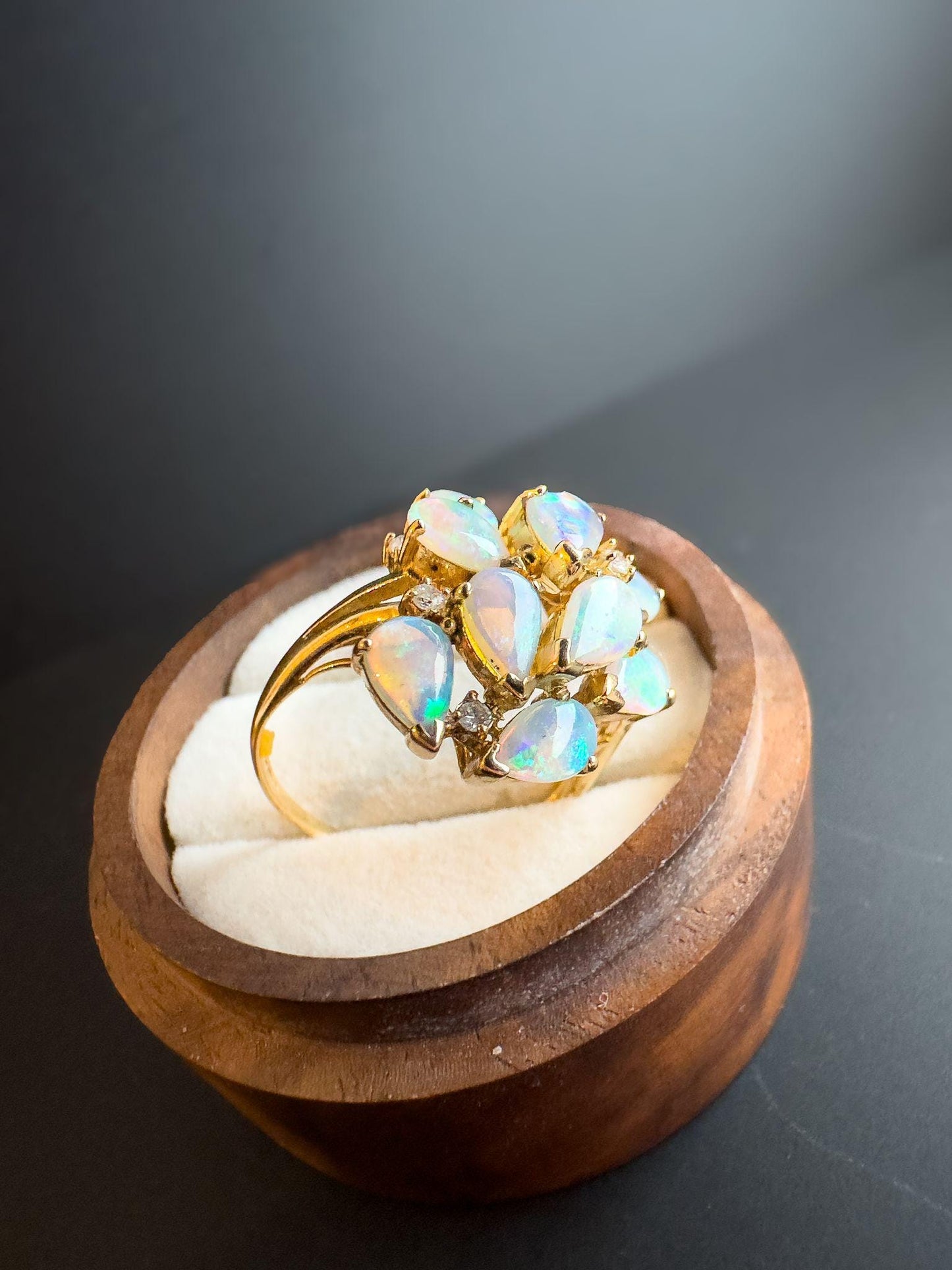 Exquisite 9ct Gold Opal & Diamond Cluster Ring Iridescent Opal Statement Ring | Unique Opal Dress Ring | English Hallmarks | UK P - US 7.5