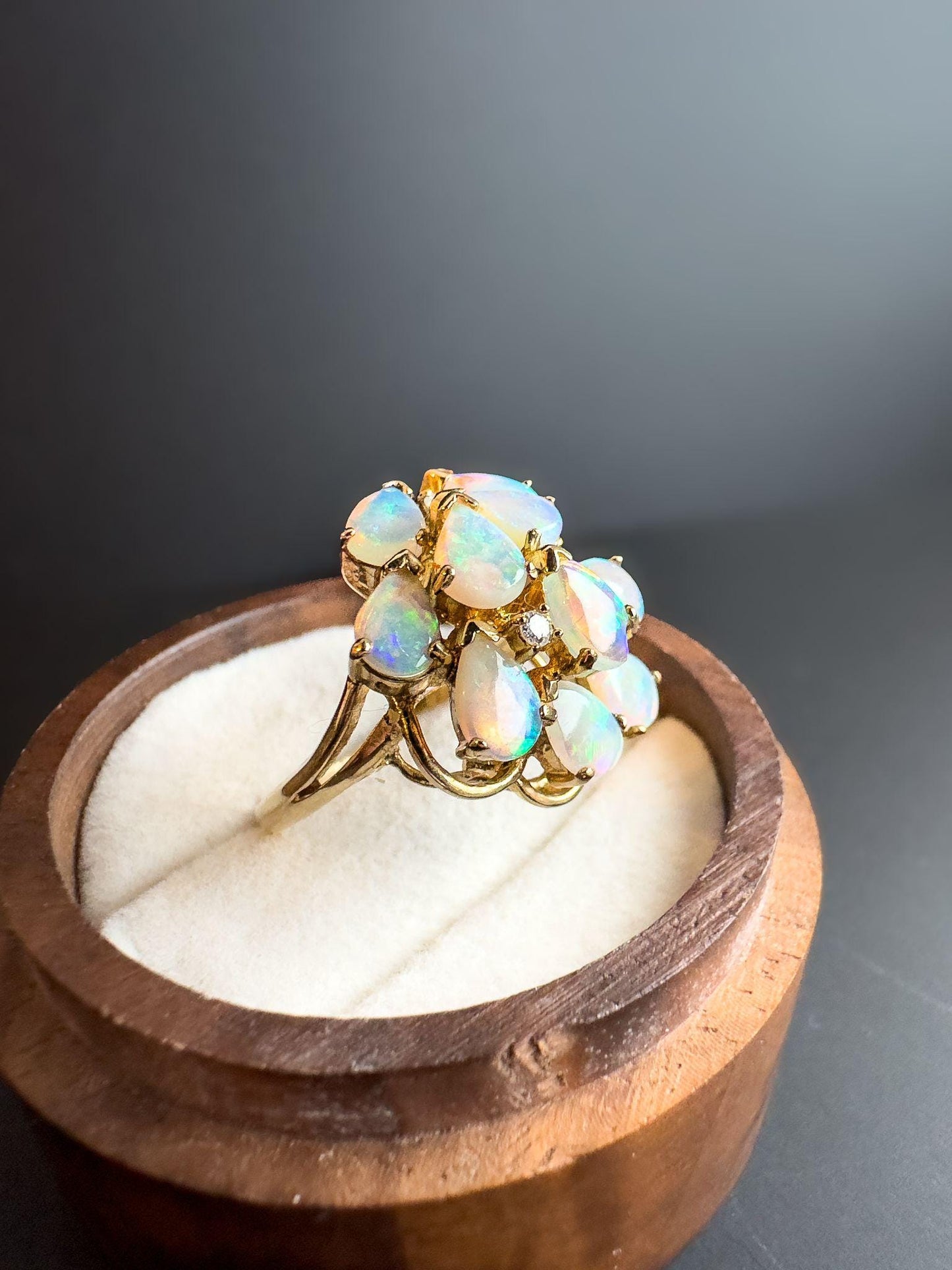 Exquisite 9ct Gold Opal & Diamond Cluster Ring Iridescent Opal Statement Ring | Unique Opal Dress Ring | English Hallmarks | UK P - US 7.5