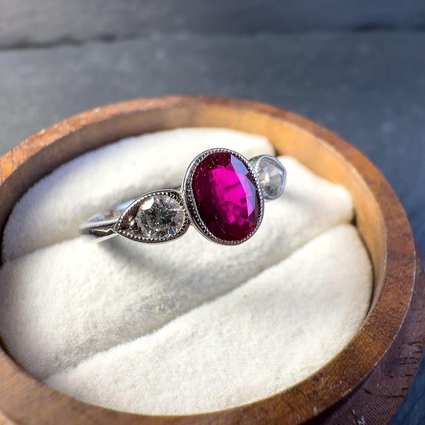 Stunning 18ct Solid White Gold Ruby and Diamond Ring | Art Deco-Inspired Jewelry | Unique Engagement Ring | UK N - US 7 |