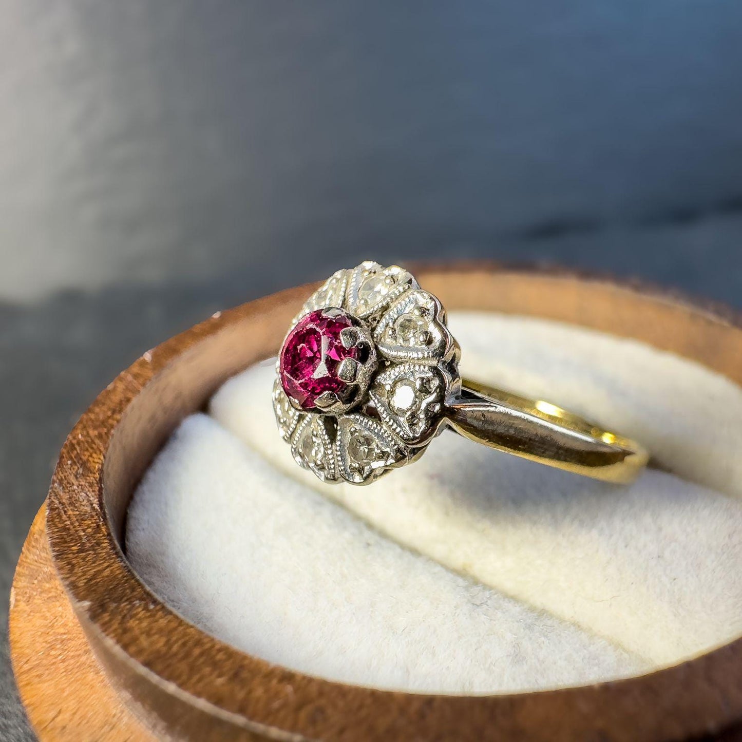 18ct Solid Gold Ruby and Diamond Cluster Ring | Vintage Floral Design | Unique Art Deco-Inspired Jewelry | English Hallmarks | UK N - US 7 |