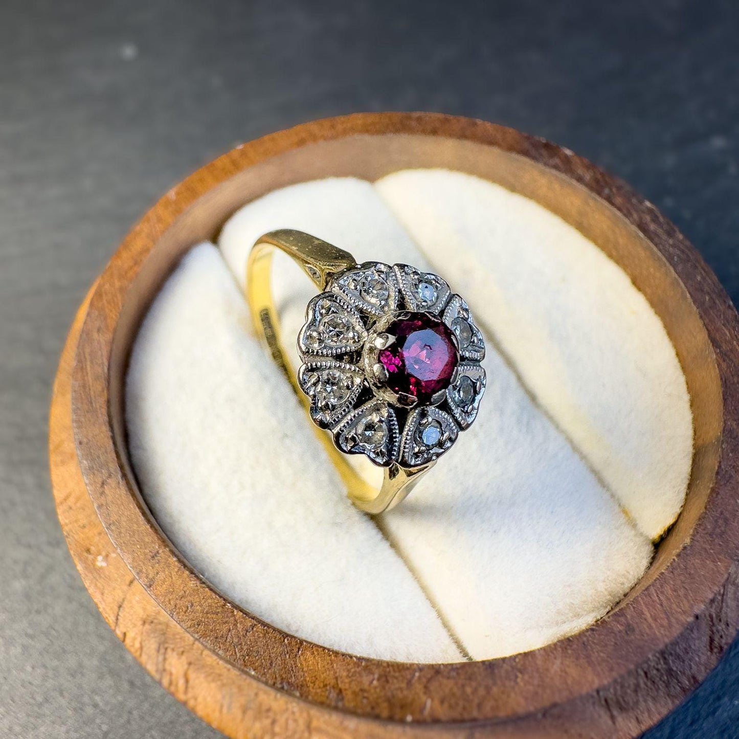 18ct Solid Gold Ruby and Diamond Cluster Ring | Vintage Floral Design | Unique Art Deco-Inspired Jewelry | English Hallmarks | UK N - US 7 |