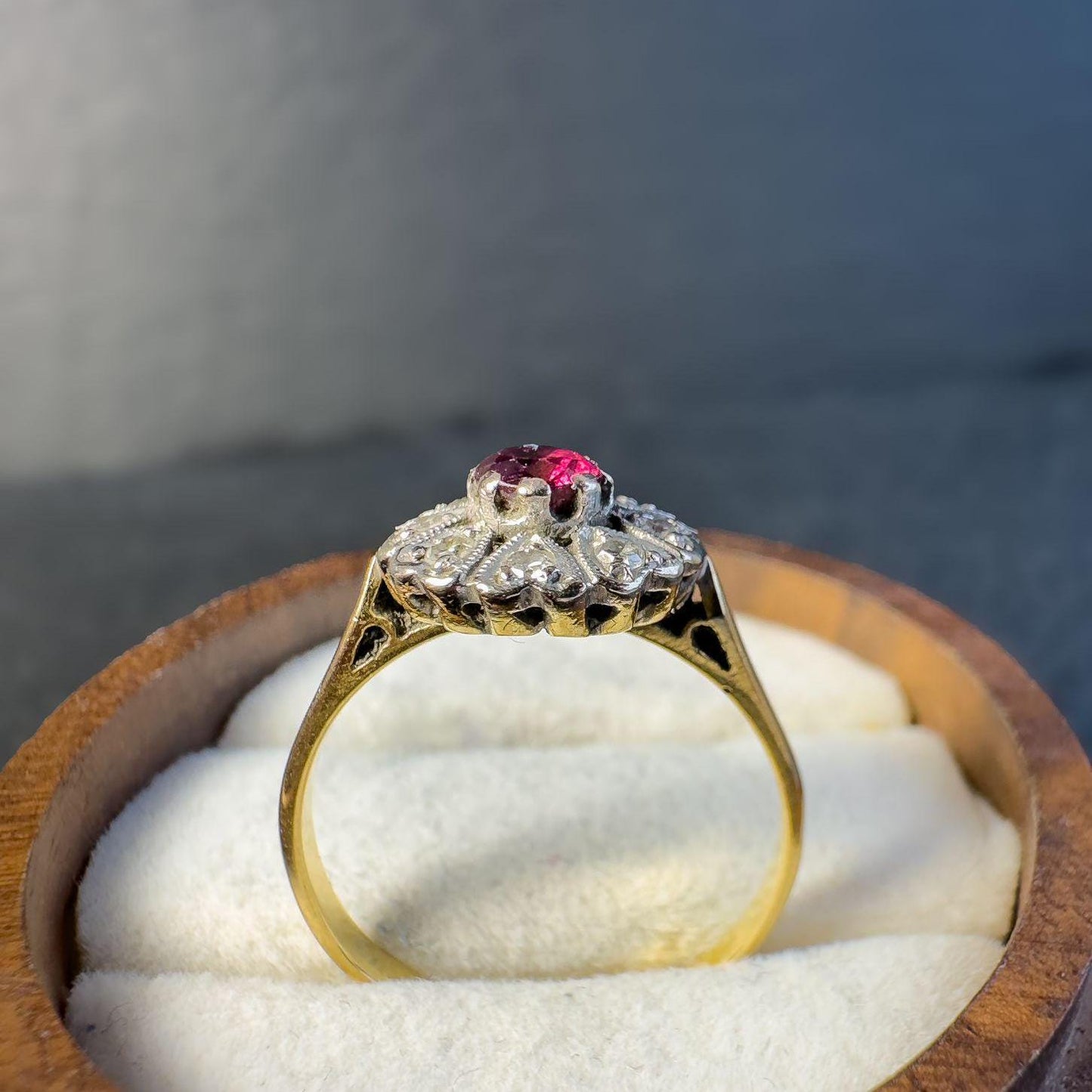 18ct Solid Gold Ruby and Diamond Cluster Ring | Vintage Floral Design | Unique Art Deco-Inspired Jewelry | English Hallmarks | UK N - US 7 |