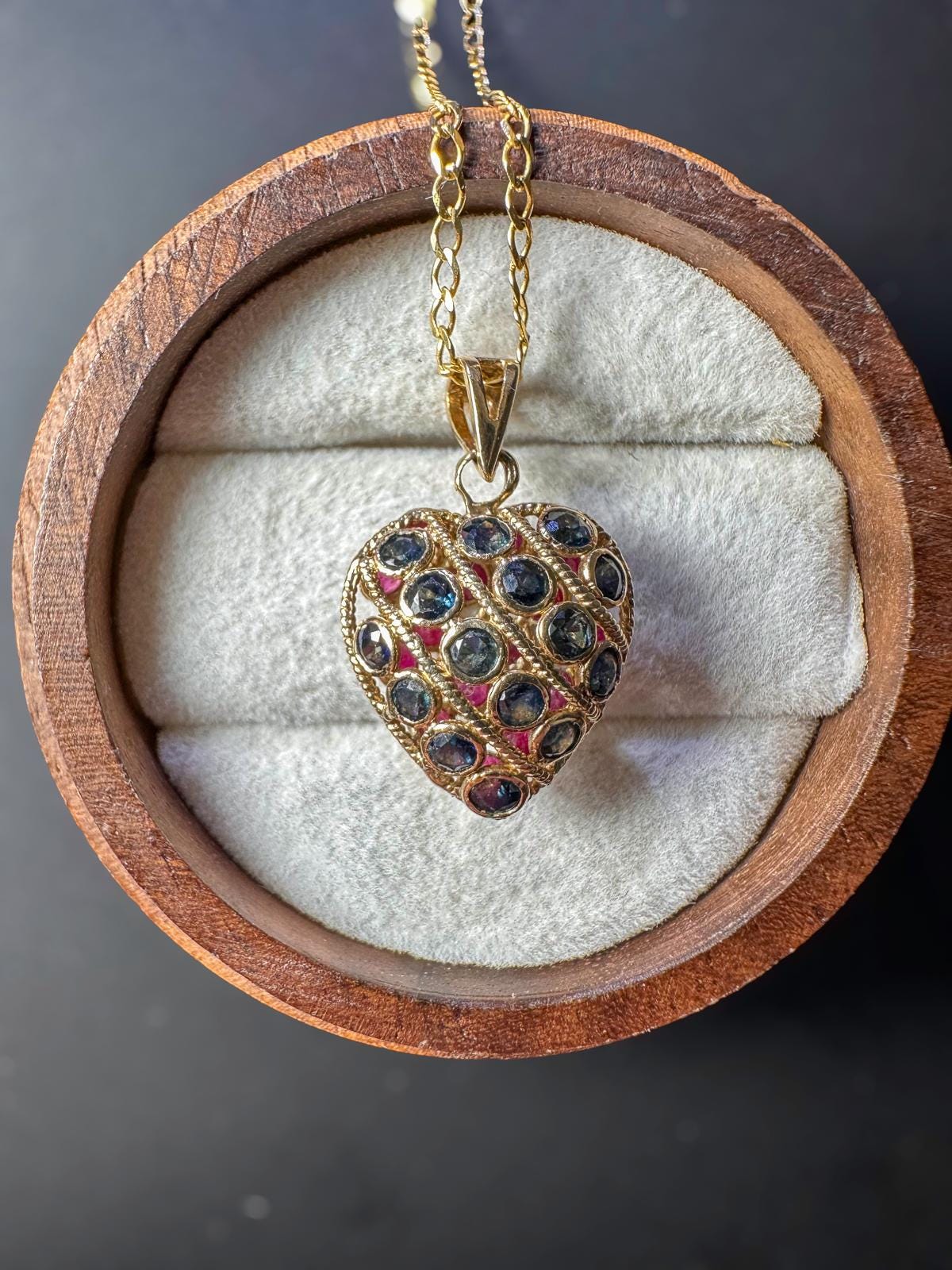 Vintage 9ct Gold Heart-Shaped Ruby & Sapphire Pendant on 9ct Gold Fine Link Chain Necklace | English Hallmarks | 46cm / 18 Inch