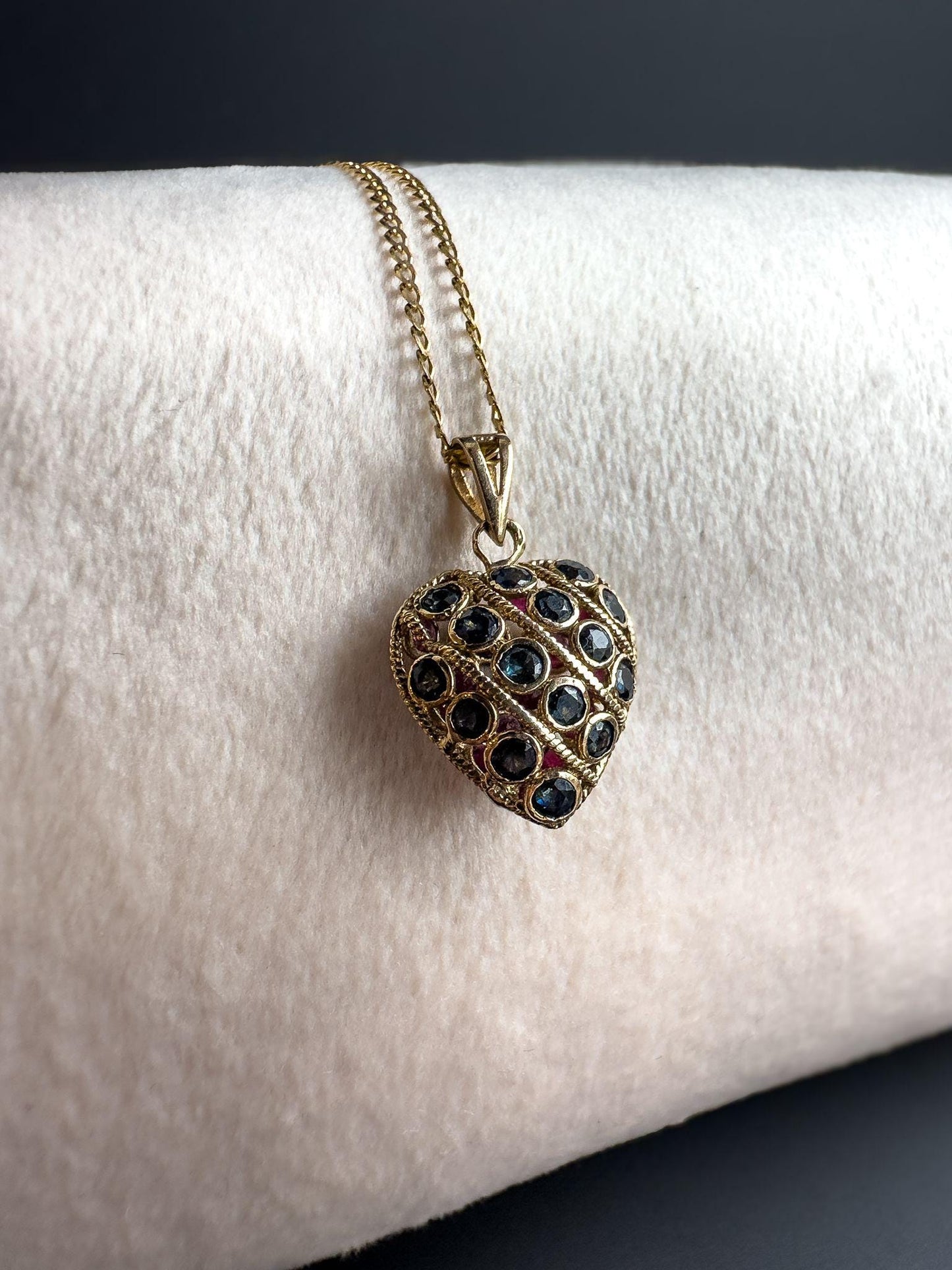 Vintage 9ct Gold Heart-Shaped Ruby & Sapphire Pendant on 9ct Gold Fine Link Chain Necklace | English Hallmarks | 46cm / 18 Inch
