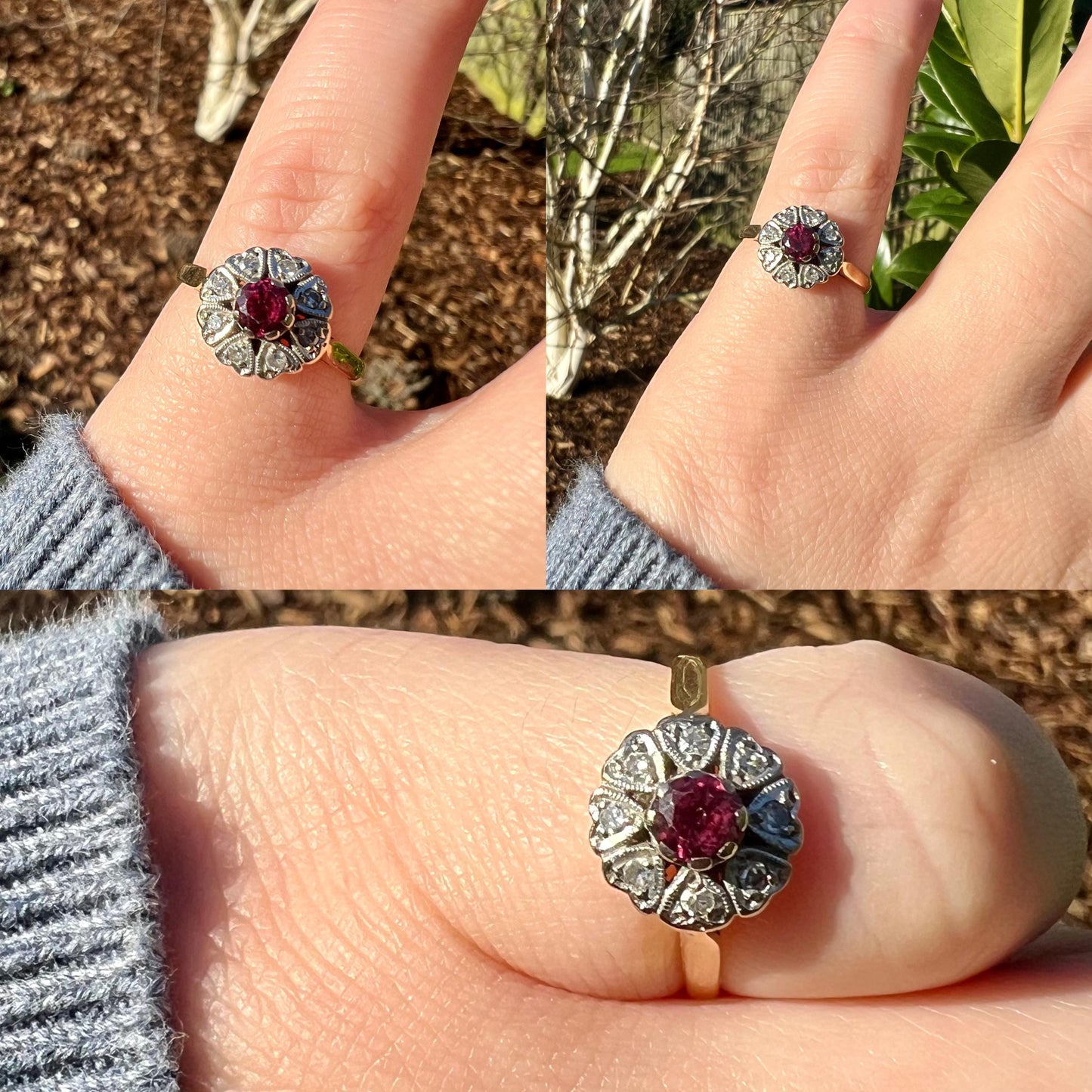 18ct Solid Gold Ruby and Diamond Cluster Ring | Vintage Floral Design | Unique Art Deco-Inspired Jewelry | English Hallmarks | UK N - US 7 |
