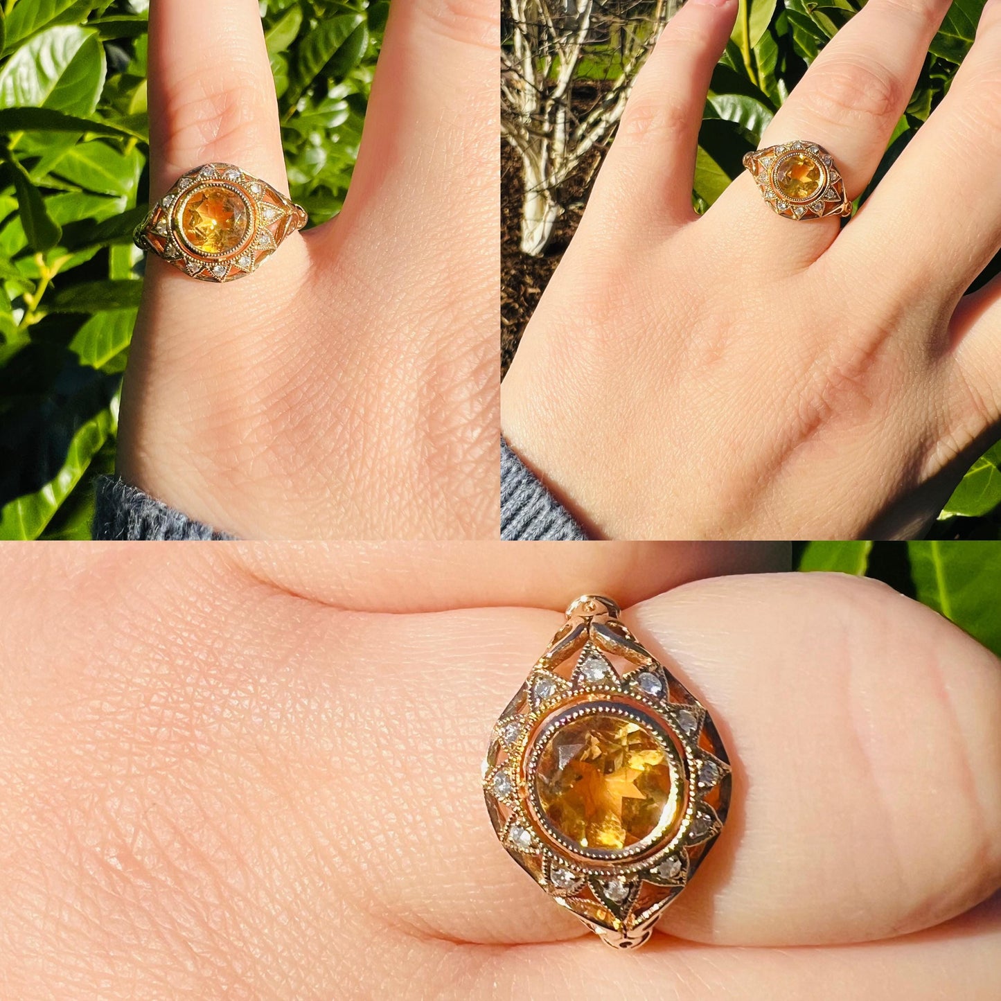 Exquisite 9ct Gold Citrine and Diamond Cocktail Ring Sun Burst Design Vintage Statement Ring | Hallmarked | UK P 1/2 -US 8 | Resizable