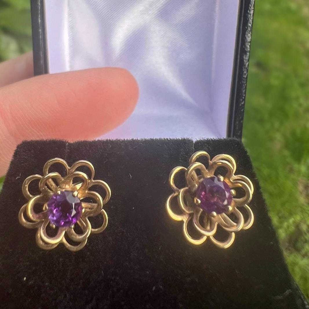 Vintage 9ct Gold Amethyst Floral Earrings | Retro Flower Design | February Birthstone Gift | Elegant Vintage Jewelry | 9ct Gold Hallmark |