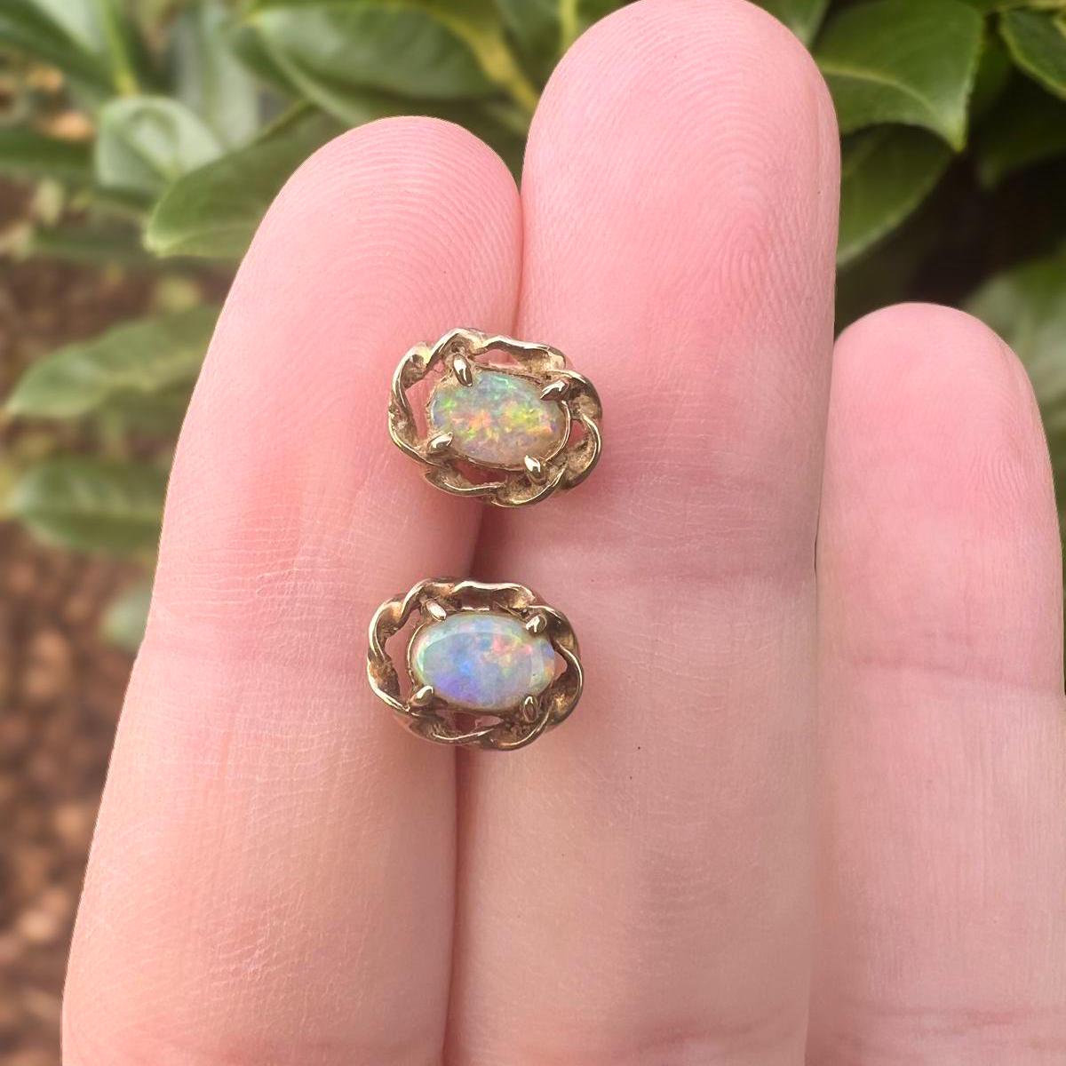 Vintage 9ct Gold Opal Earrings | Elegant Floral Design | Unique October Birthstone Gift | Vintage Jewelry for Her |