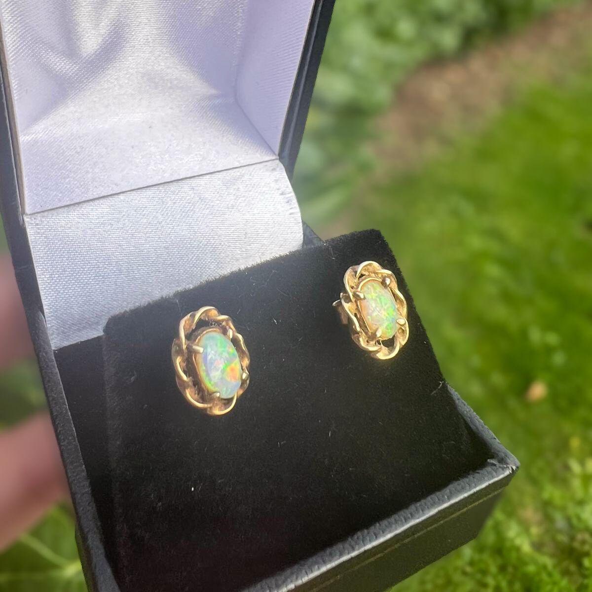 Vintage 9ct Gold Opal Earrings | Elegant Floral Design | Unique October Birthstone Gift | Vintage Jewelry for Her |