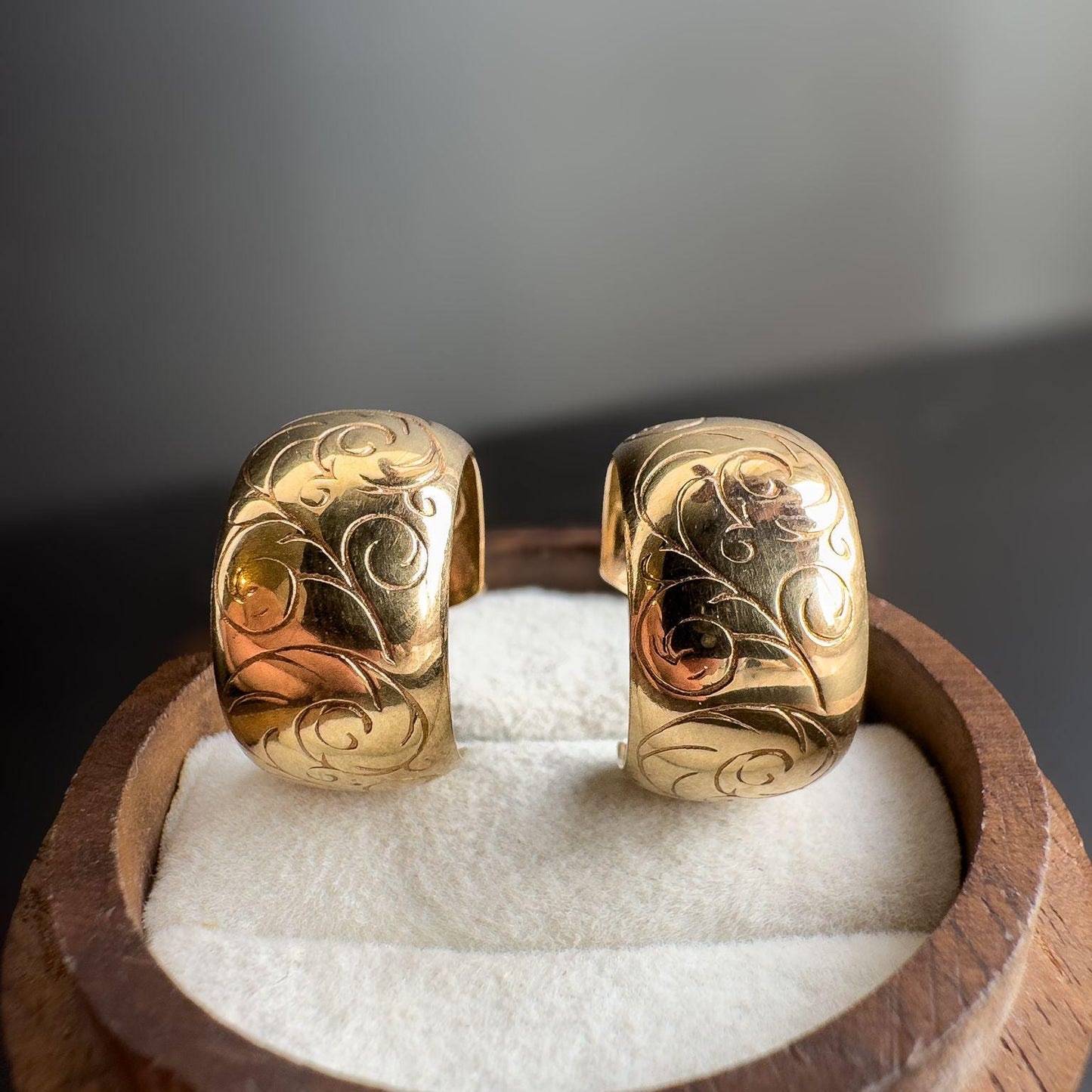Vintage 9ct Gold Engraved Hoop Earrings | Bold Floral Patterned Huggies | Classic Statement Jewelry | Gift for Her| Hallmarks |