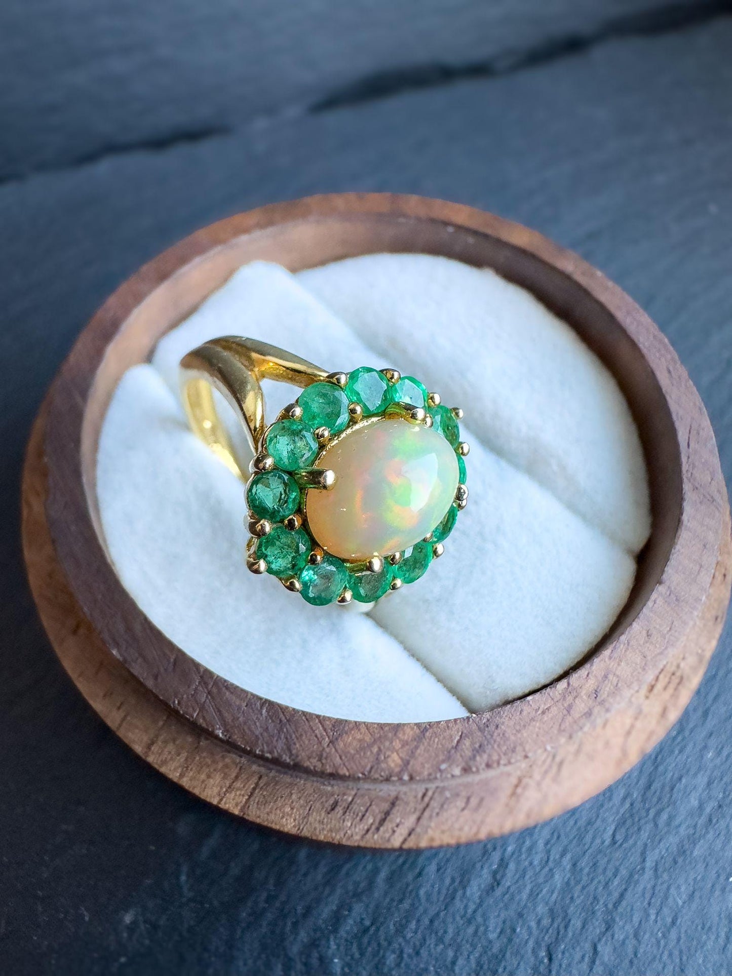 Vintage 9ct Solid Gold Opal and Emerald Cluster Ring | Unique Gemstone Statement Ring | English Hallmarks | UK K 1/2 -US 5.5 | Resizable