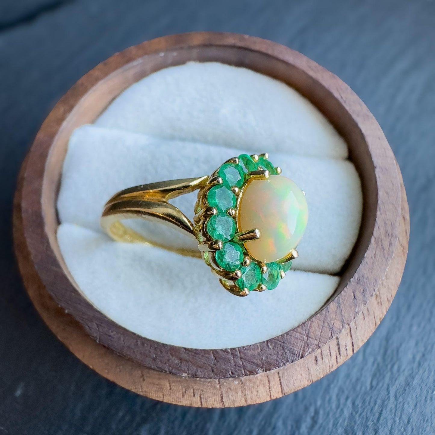 Vintage 9ct Solid Gold Opal and Emerald Cluster Ring | Unique Gemstone Statement Ring | English Hallmarks | UK K 1/2 -US 5.5 | Resizable