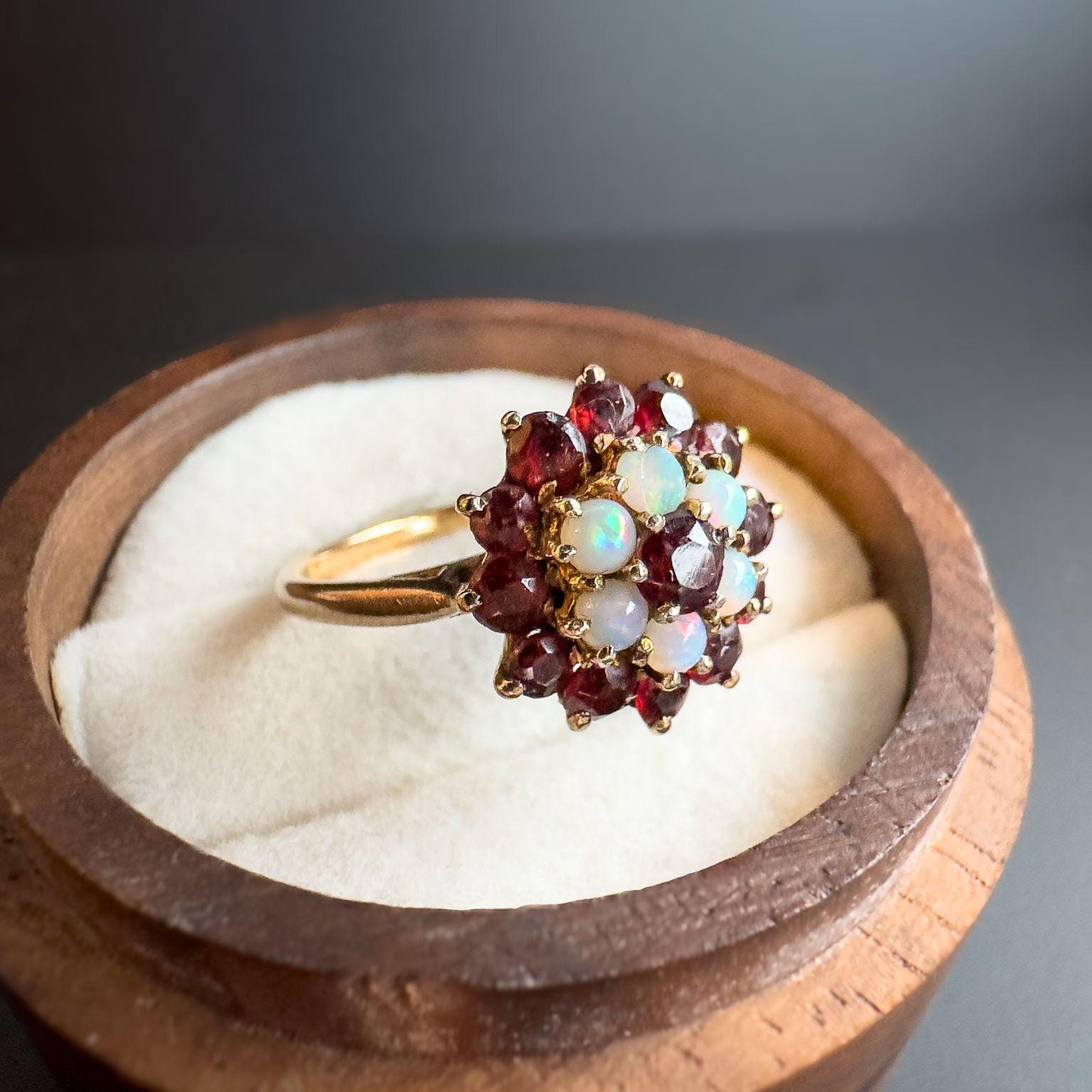 Vintage 9ct Gold Opal & Garnet Cluster Ring | Unique Floral Gemstone Ring | Classic Statement Jewelry | UK K 1/2 - US 5.5 | Resizable |
