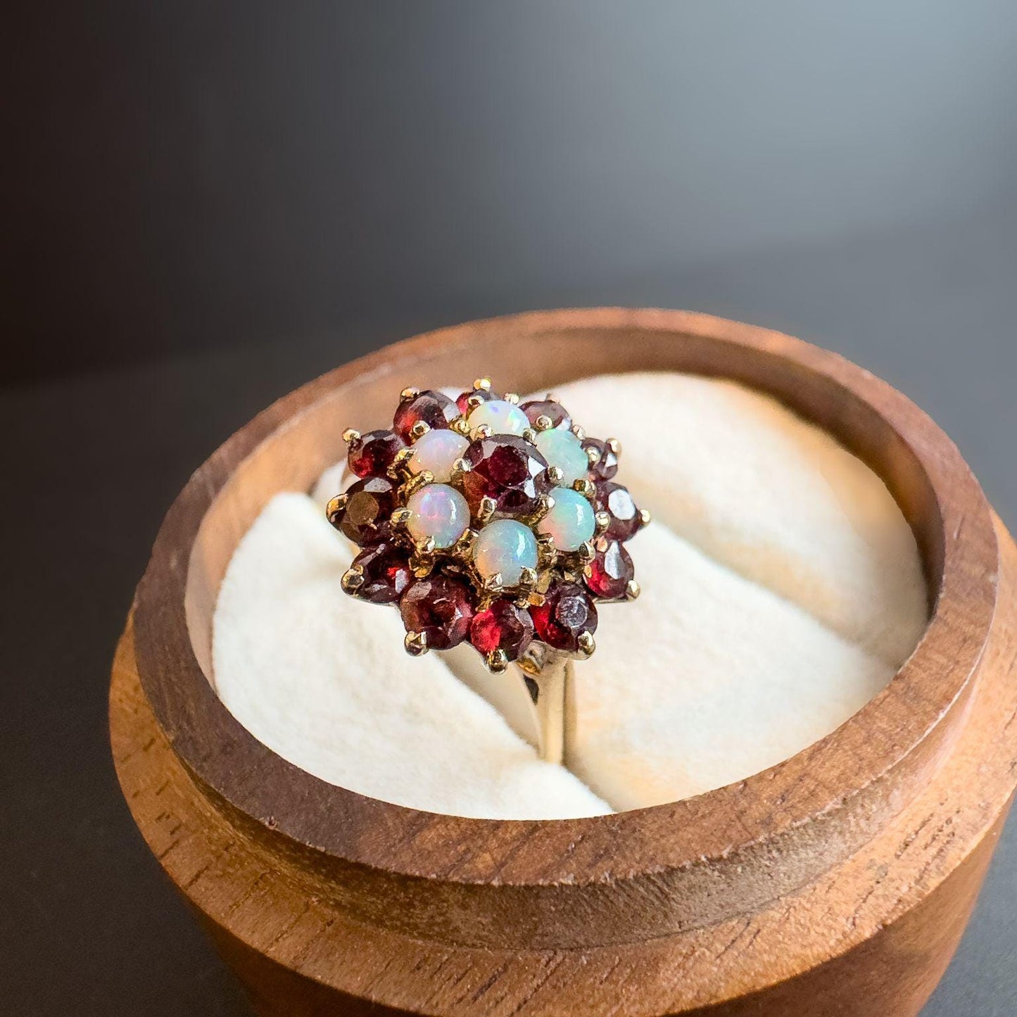 Vintage 9ct Gold Opal & Garnet Cluster Ring | Unique Floral Gemstone Ring | Classic Statement Jewelry | UK K 1/2 - US 5.5 | Resizable |