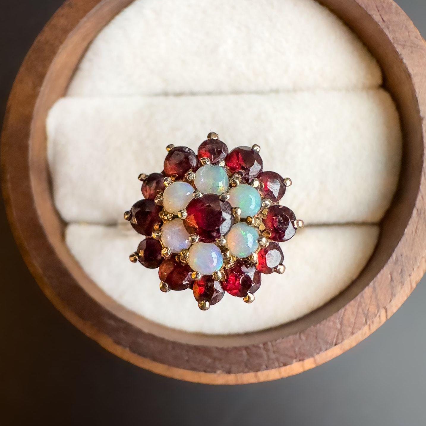 Vintage 9ct Gold Opal & Garnet Cluster Ring | Unique Floral Gemstone Ring | Classic Statement Jewelry | UK K 1/2 - US 5.5 | Resizable |