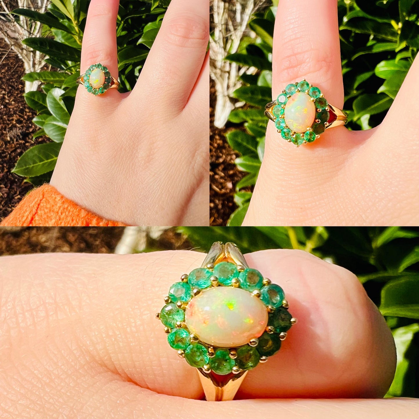 Vintage 9ct Solid Gold Opal and Emerald Cluster Ring | Unique Gemstone Statement Ring | English Hallmarks | UK K 1/2 -US 5.5 | Resizable