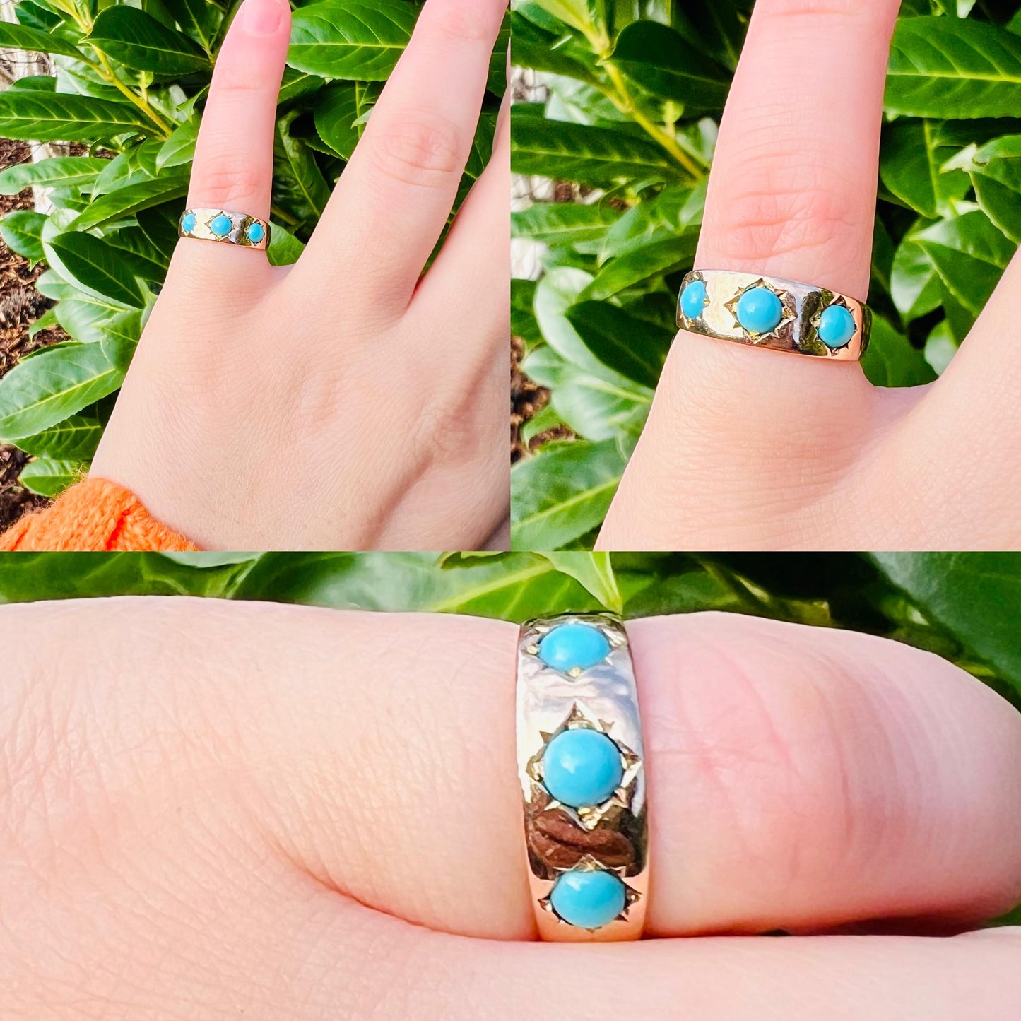 Vintage 14ct Gold Turquoise Gypsy Ring | Unique Victorian Era Gemstone Jewelry | UK L 1/2 - US 6 | Resizable |