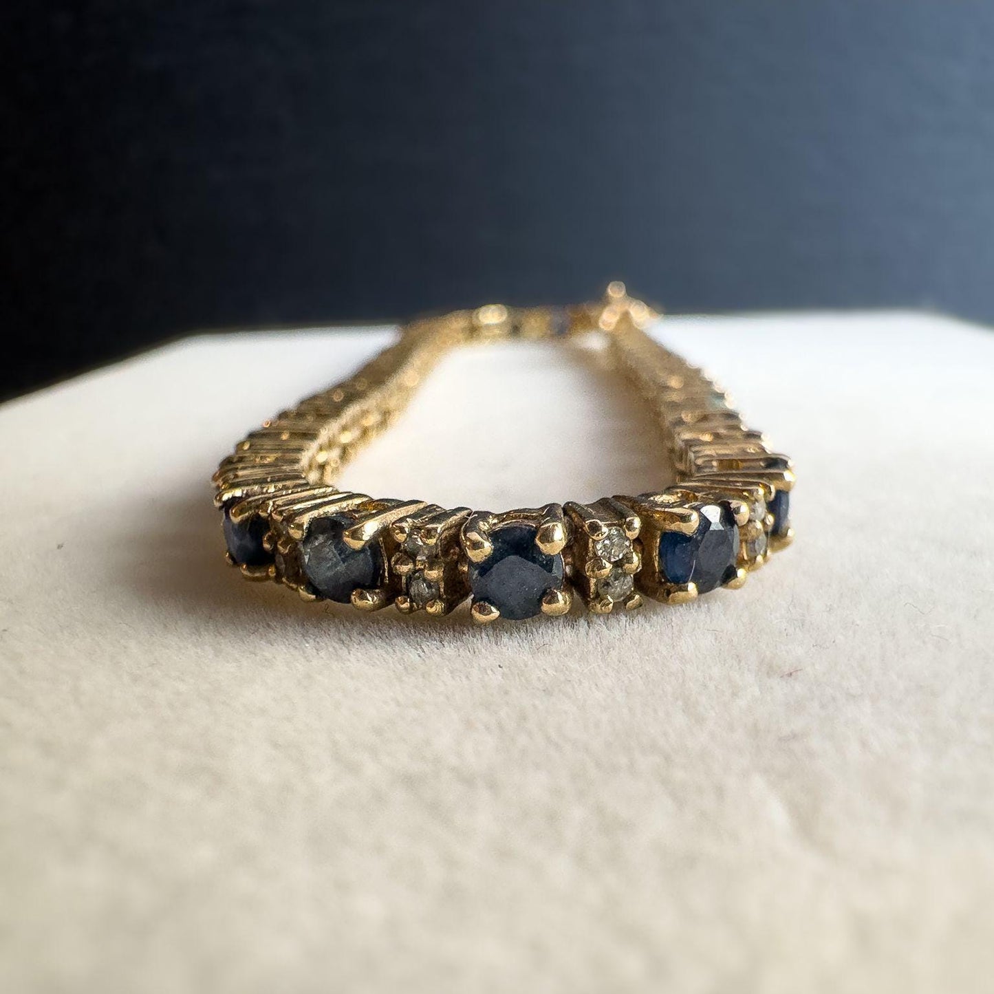 Vintage | 9ct Solid Gold Sapphire & Diamond Tennis Bracelet - Elegant Gold Tennis Bracelet - September Birthstone Gift | English Hallmarks
