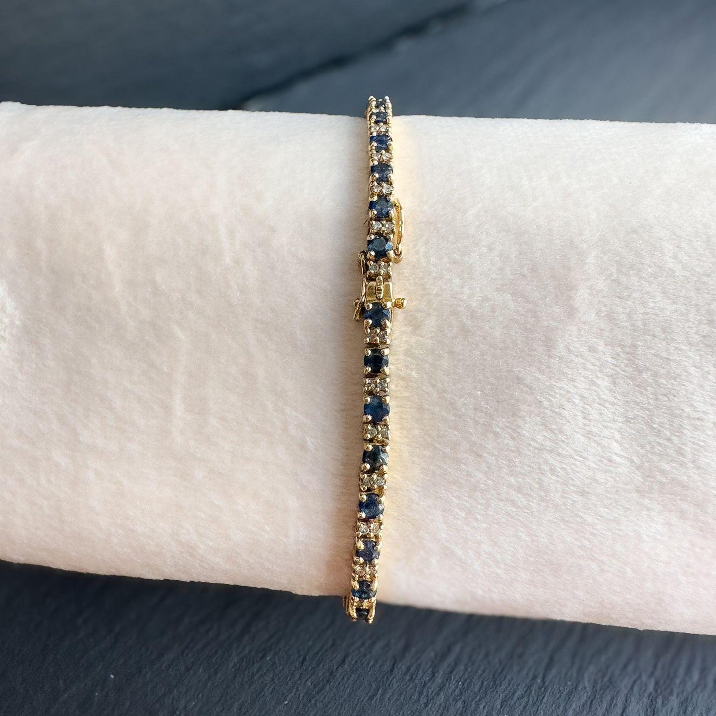 Vintage | 9ct Solid Gold Sapphire & Diamond Tennis Bracelet - Elegant Gold Tennis Bracelet - September Birthstone Gift | English Hallmarks