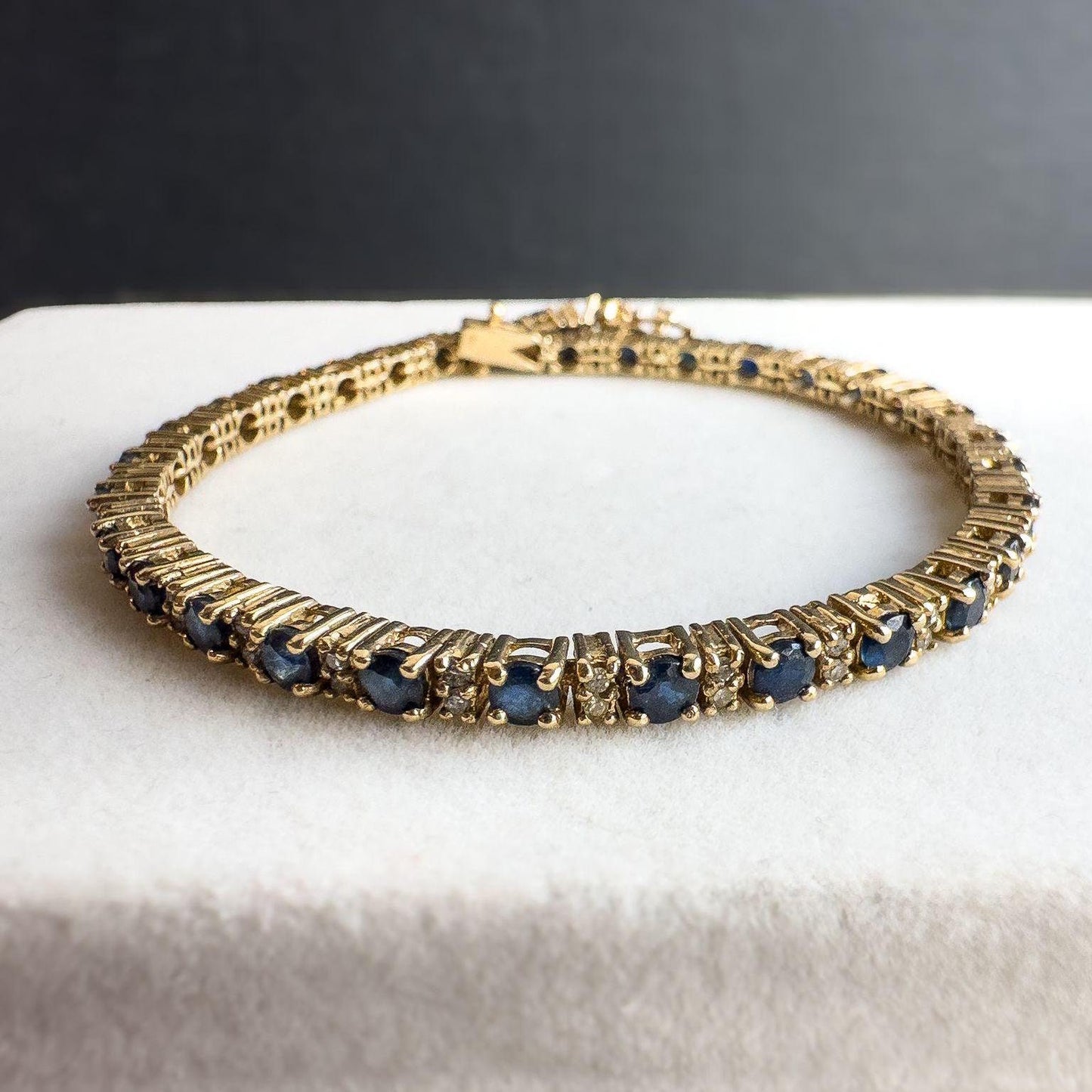 Vintage | 9ct Solid Gold Sapphire & Diamond Tennis Bracelet - Elegant Gold Tennis Bracelet - September Birthstone Gift | English Hallmarks