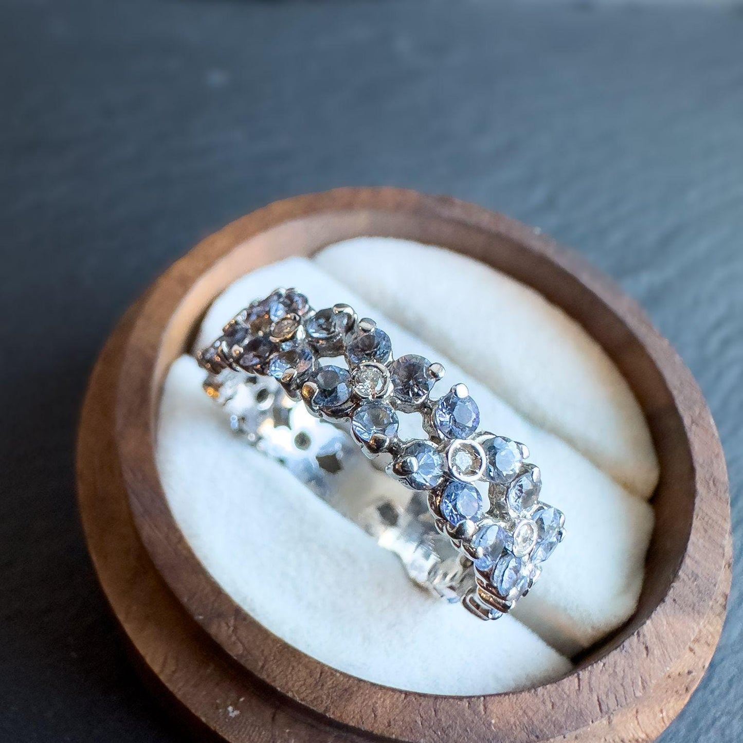 18ct Solid White Gold Vintage Iolite and Diamond Eternity Ring | Stunning Gemstone Band | UK R - US 8.5 | Iolite and Diamond Eternity Band |