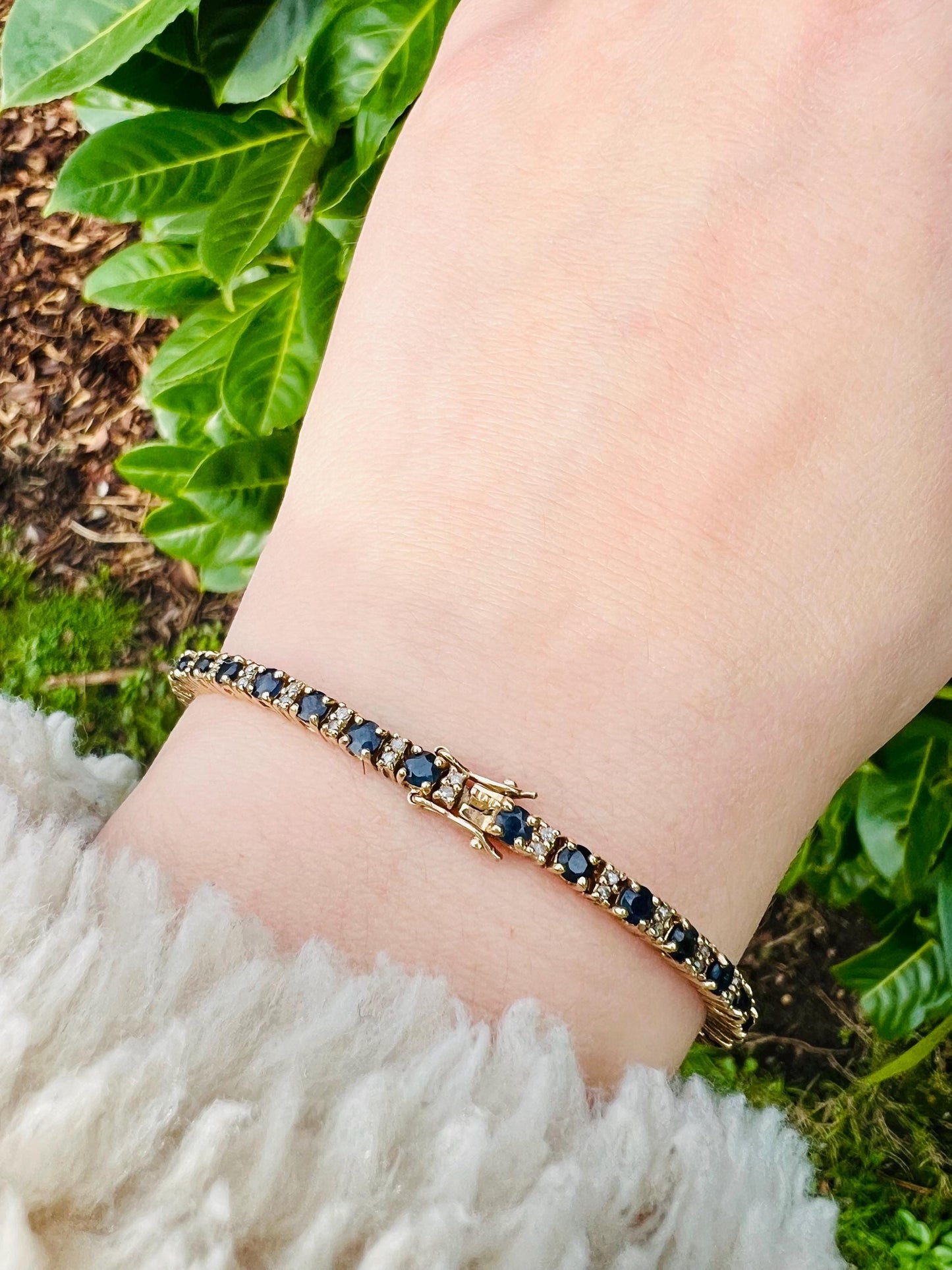 Vintage | 9ct Solid Gold Sapphire & Diamond Tennis Bracelet - Elegant Gold Tennis Bracelet - September Birthstone Gift | English Hallmarks