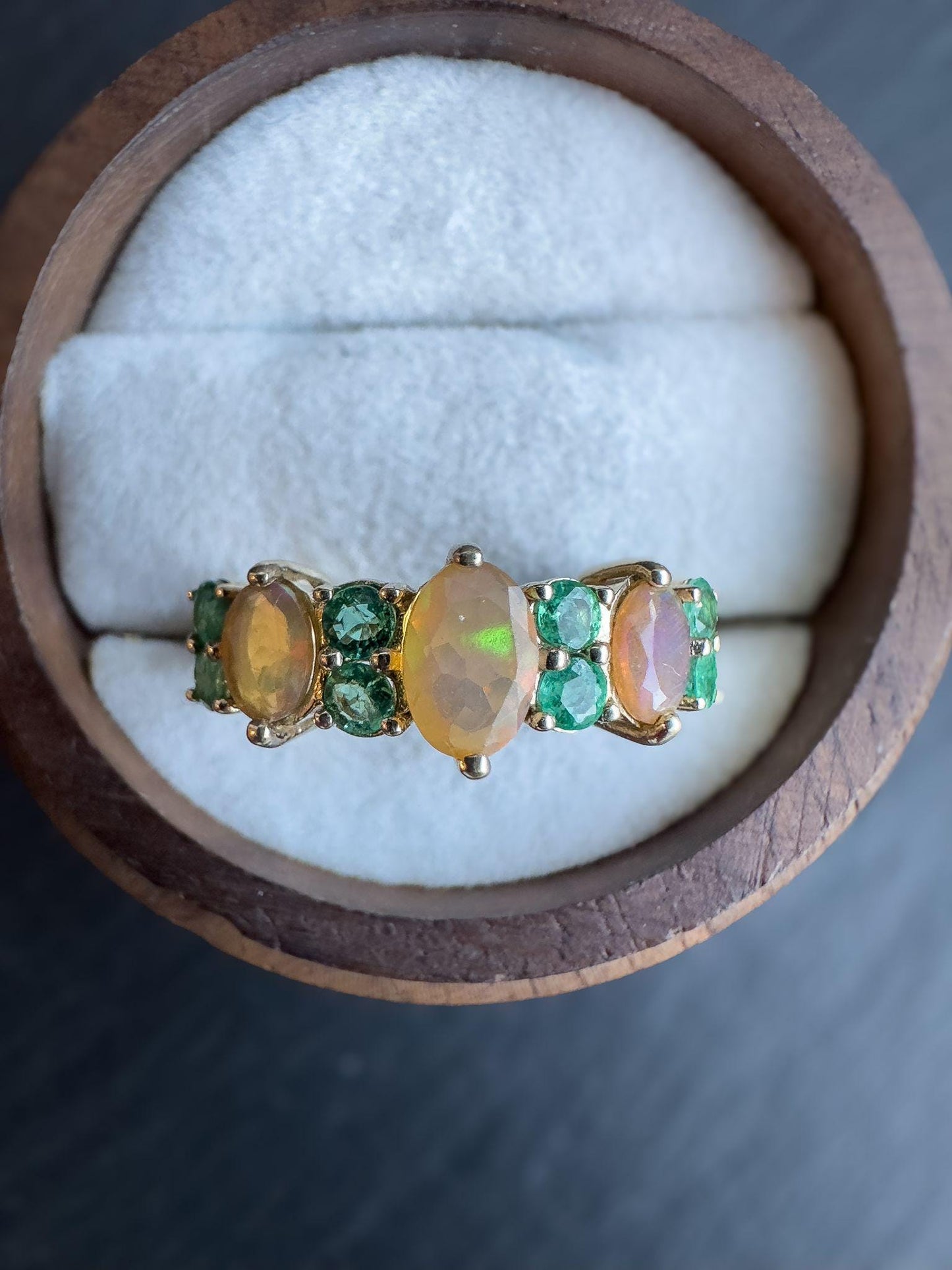 9ct Solid Gold Vintage Fire Opal and Emerald Ring | Vibrant Gemstone Band | Statement Jewelry | UK L - US 5.75 | English Hallmarked |