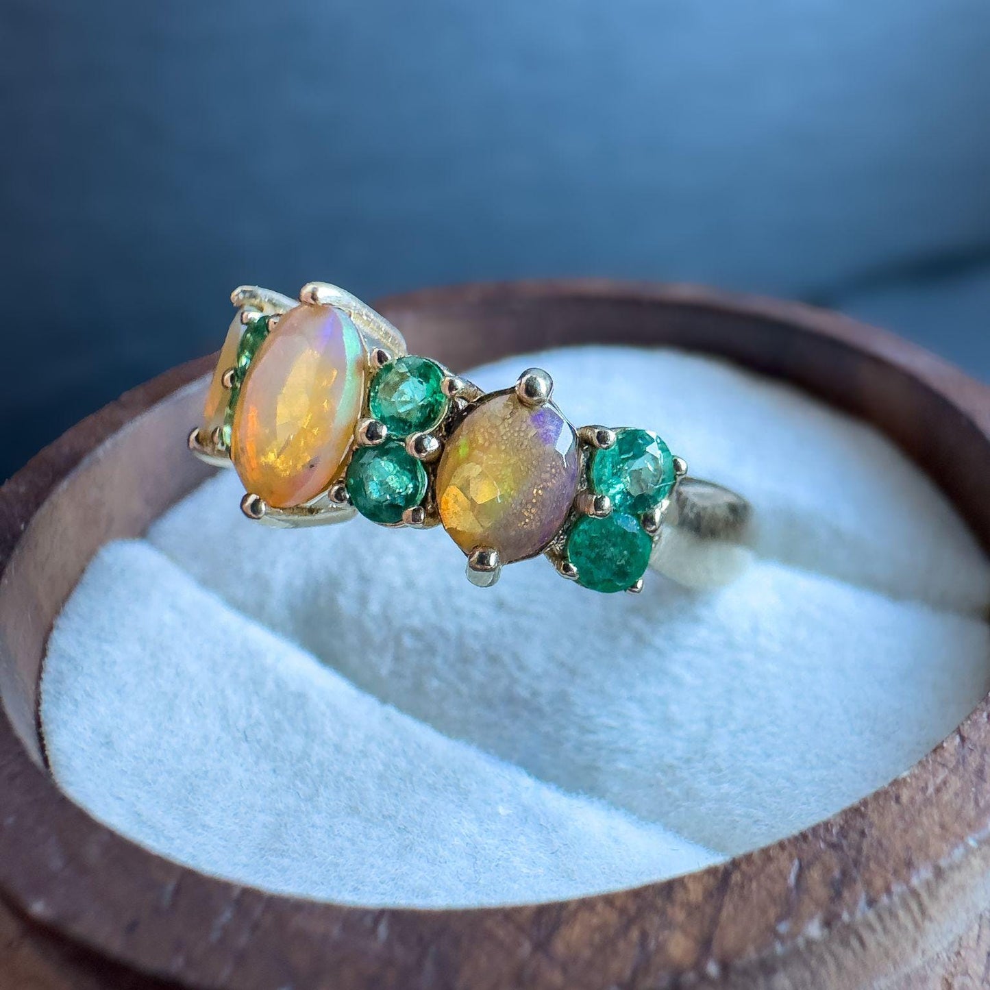 9ct Solid Gold Vintage Fire Opal and Emerald Ring | Vibrant Gemstone Band | Statement Jewelry | UK L - US 5.75 | English Hallmarked |