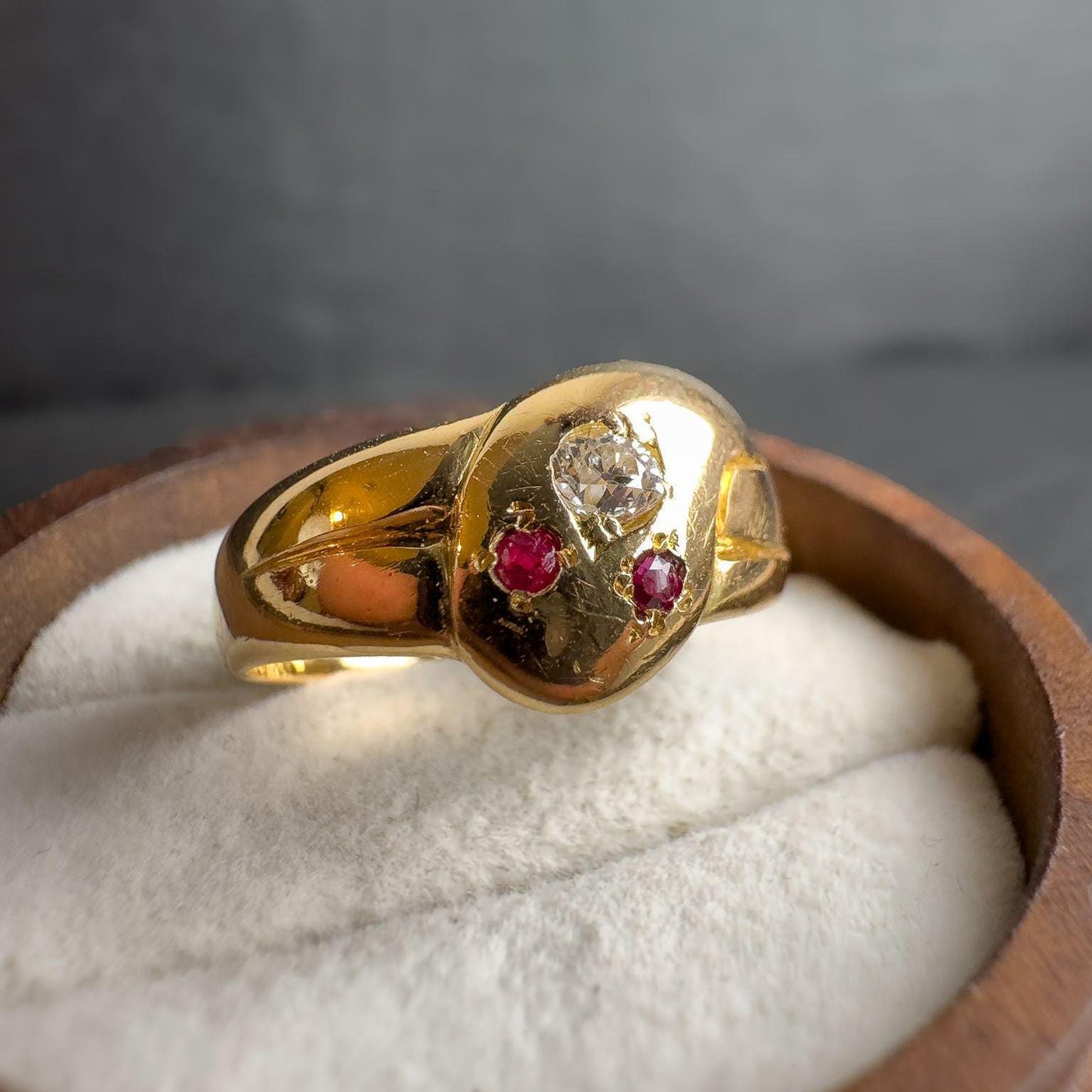 Rare Antique | 18ct Gold Edwardian Serpent Snake Ring, Diamond & Ruby Eyes | Circa 1910 English Hallmarks | UK O 1/2 -US 7.5 | Resizable