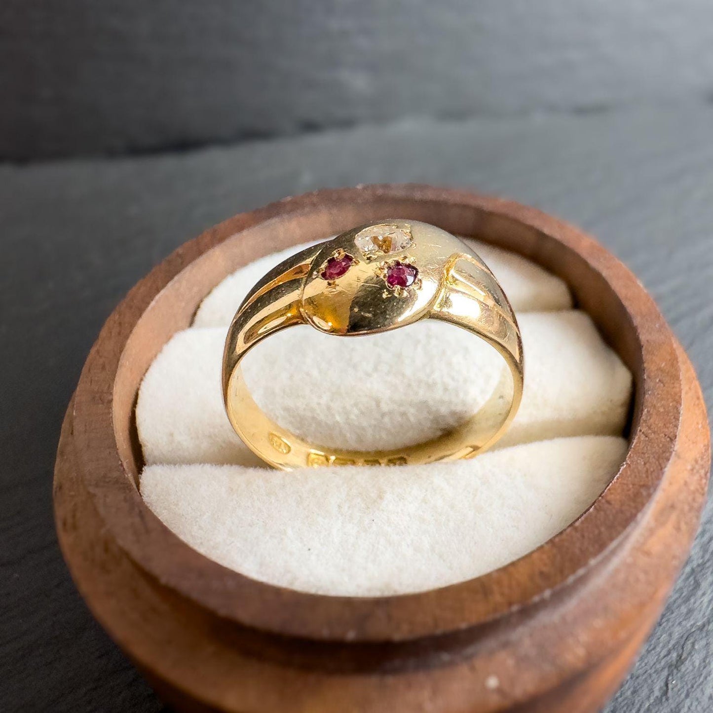 Rare Antique | 18ct Gold Edwardian Serpent Snake Ring, Diamond & Ruby Eyes | Circa 1910 English Hallmarks | UK O 1/2 -US 7.5 | Resizable