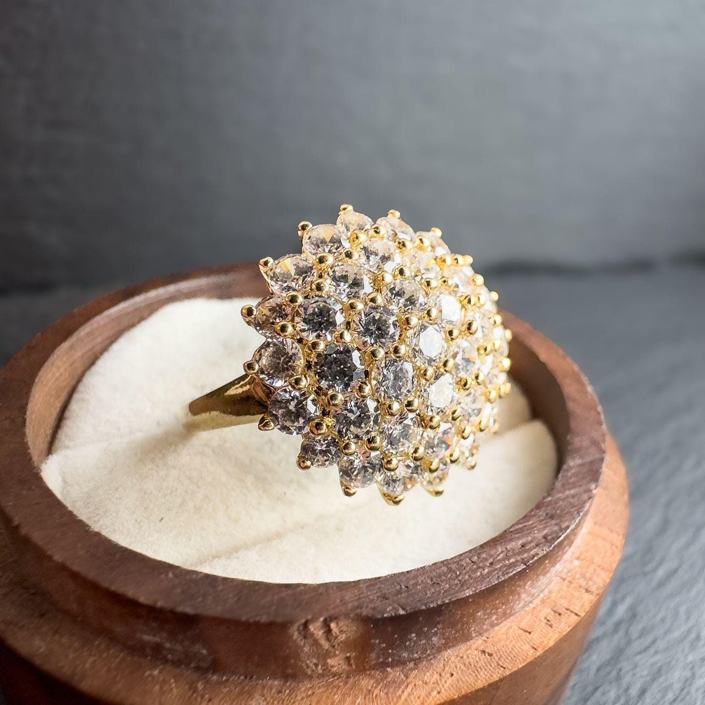 Vintage 14ct Gold Zirconia Cluster Ring Stunning Sparkling Design | English Hallmarks | UK N 1/2 - US 7 | Resizable