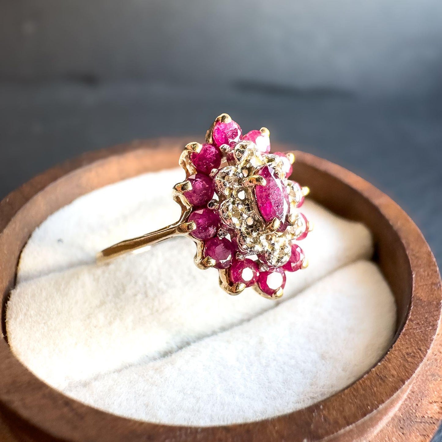 9ct Vintage Solid Gold Ruby and Diamond Cluster Ring | Bold Vintage Statement Jewelry | UK P- US 7.50 | English Hallmarked | Resizable |