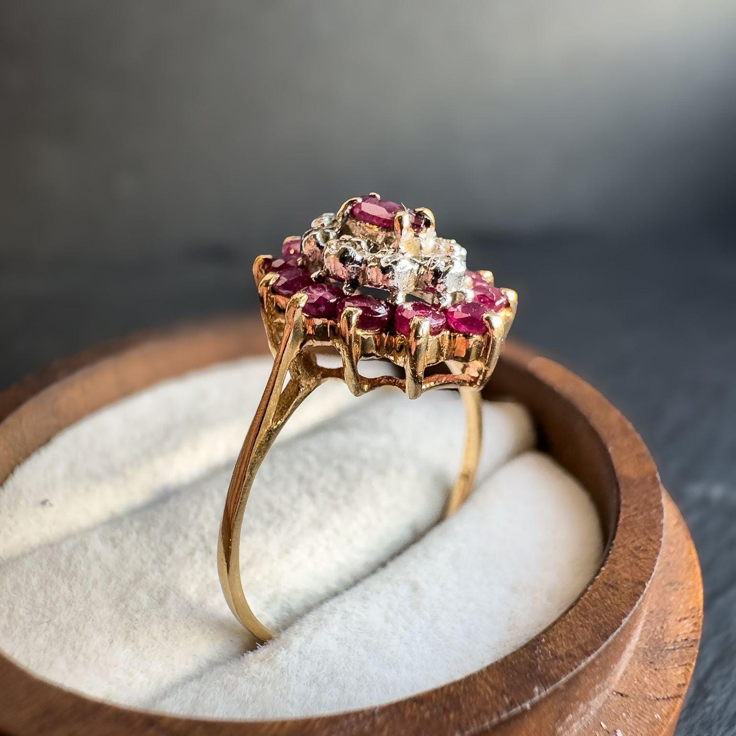 9ct Vintage Solid Gold Ruby and Diamond Cluster Ring | Bold Vintage Statement Jewelry | UK P- US 7.50 | English Hallmarked | Resizable |