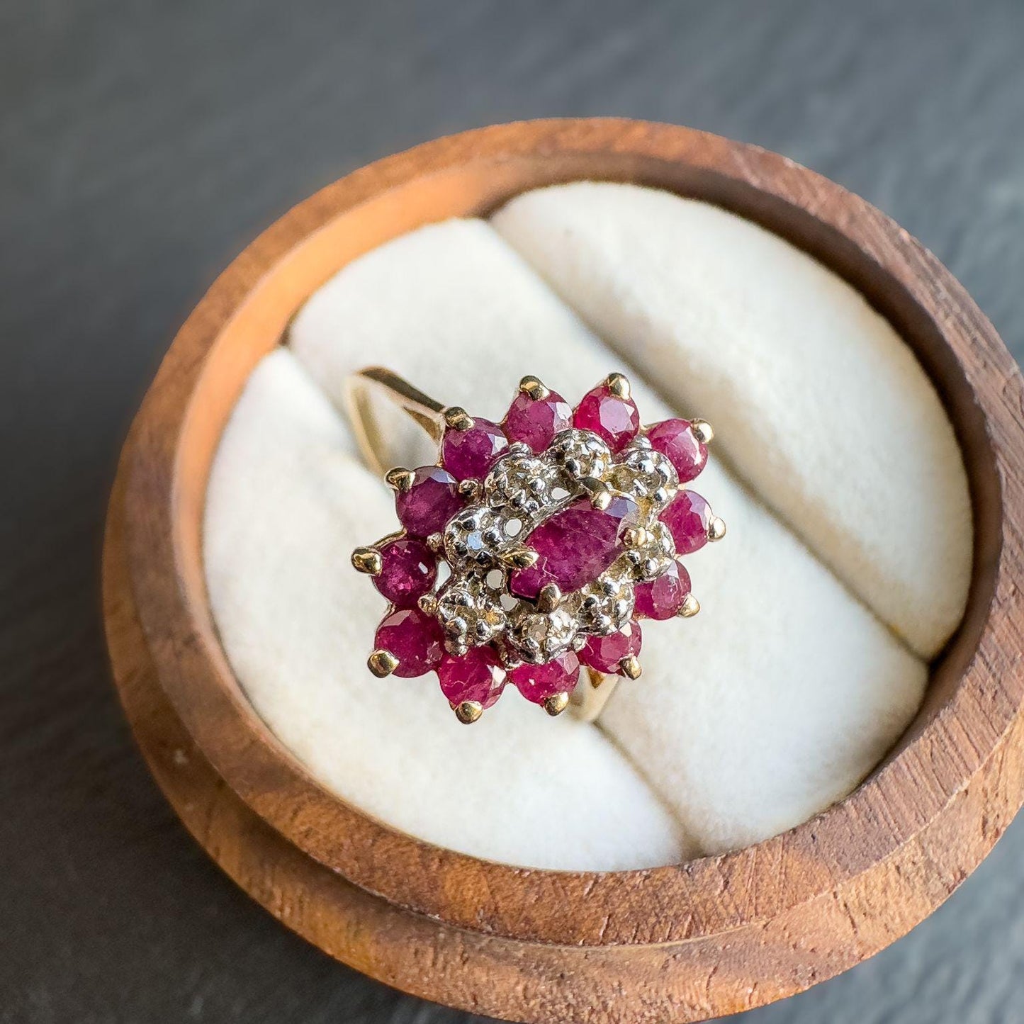 9ct Vintage Solid Gold Ruby and Diamond Cluster Ring | Bold Vintage Statement Jewelry | UK P- US 7.50 | English Hallmarked | Resizable |